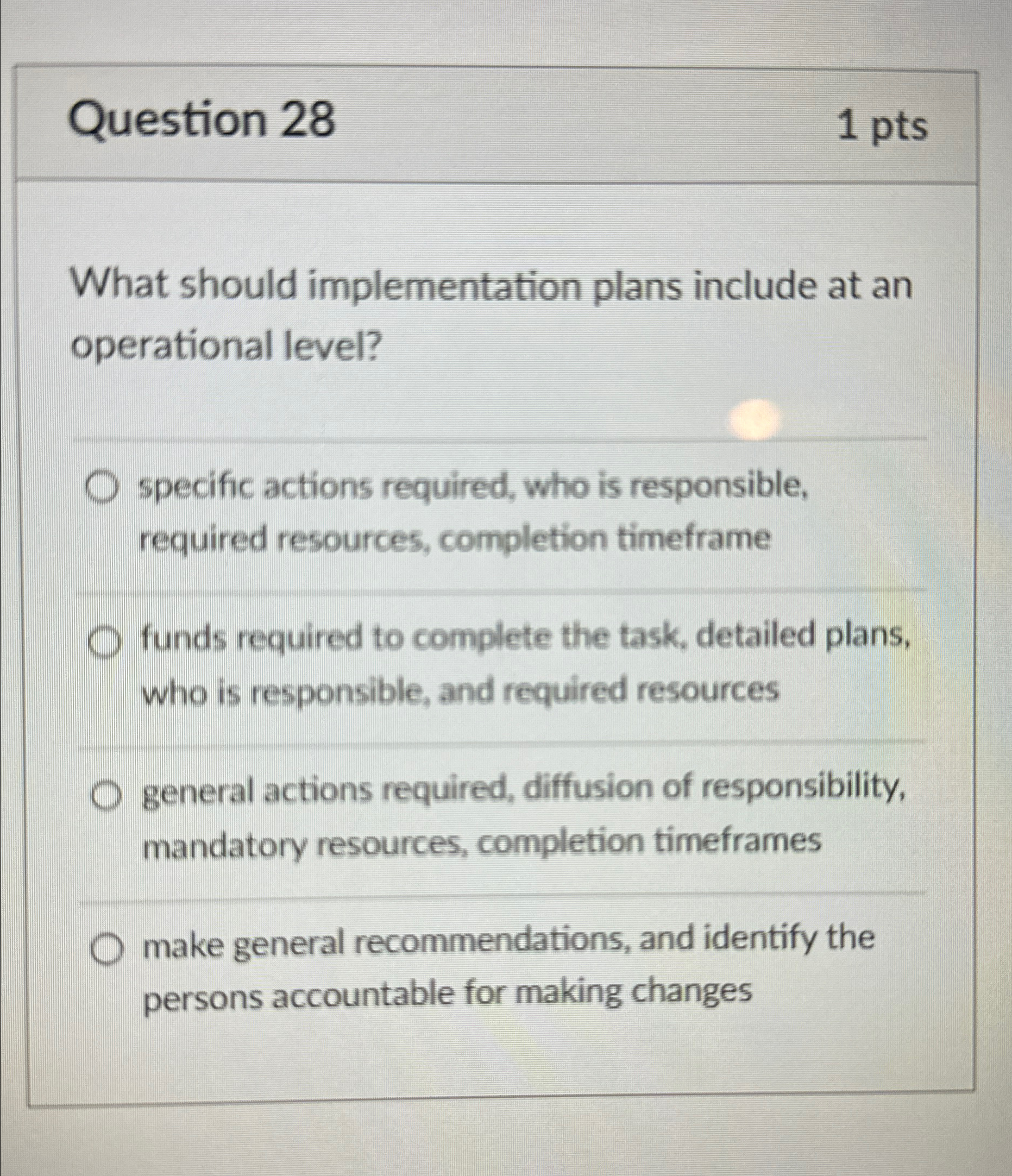  Question 28 1pts What should implementation plans include at an operational