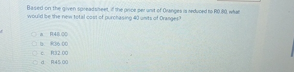  Based on the given spreadsheet, if the price per unit of