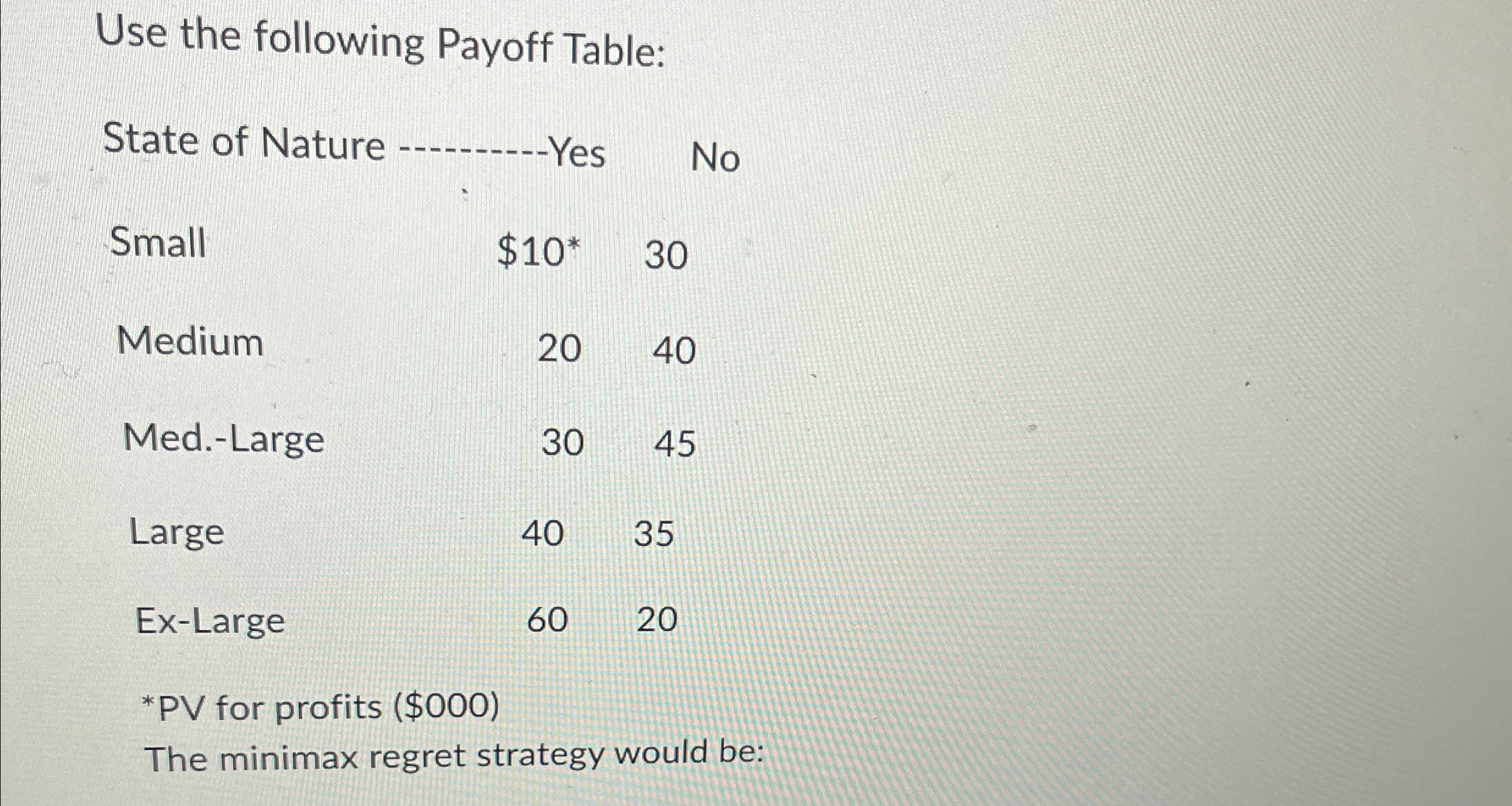  Use the following Payoff Table: \table[[State of Nature ----.-----Yes,No,],[Small,$10**,30],[Medium,20,40],[Med.-Large,30,45],[Large,40,35],[Ex-Large,60,20]] ?** PV