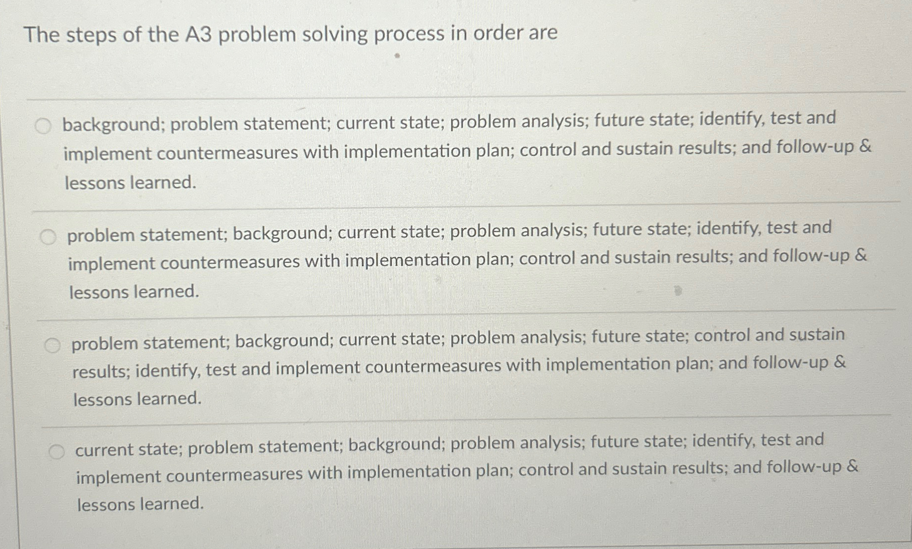  The steps of the A3 problem solving process in order are