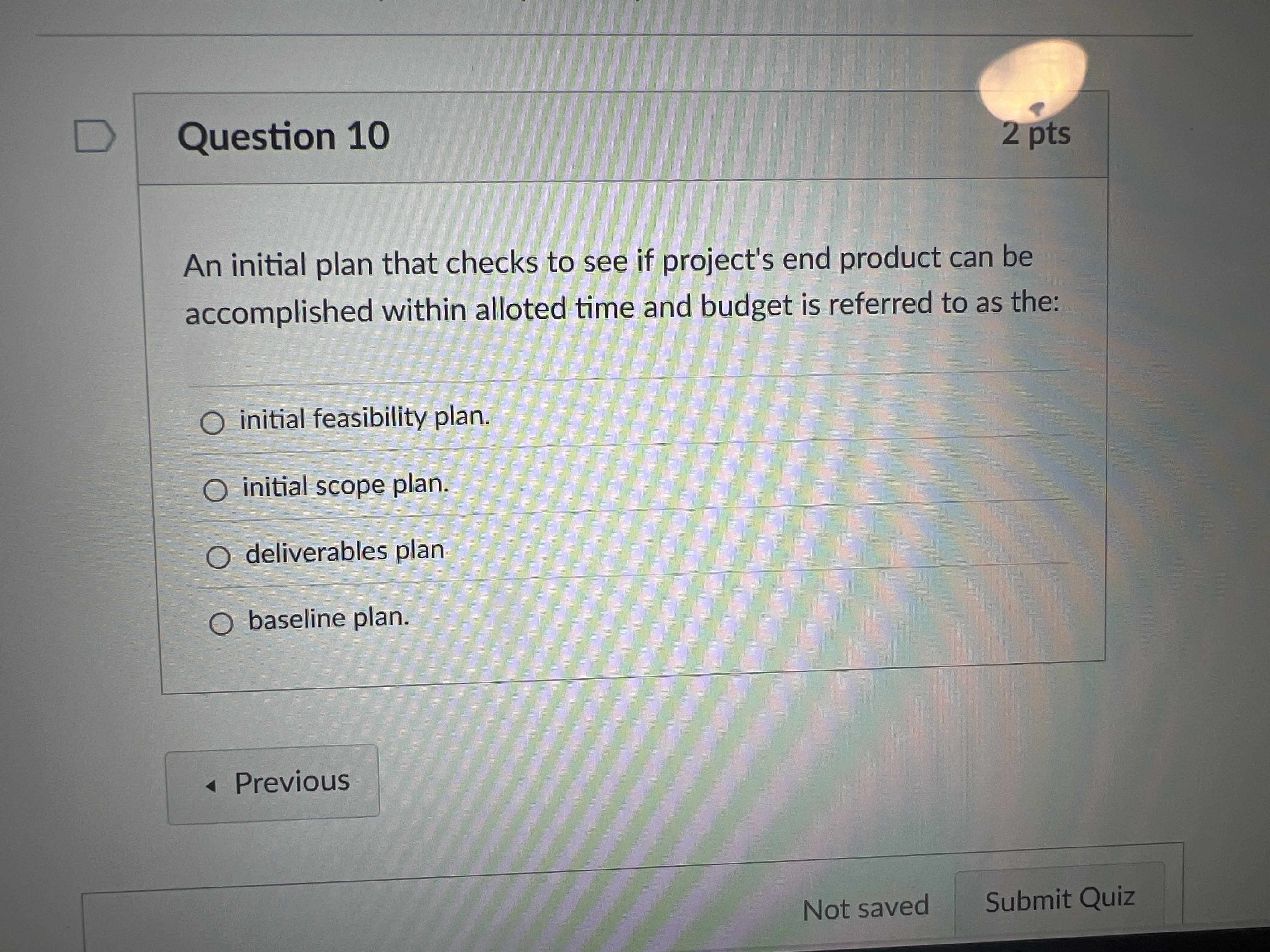  Question 10 An initial plan that checks to see if project's