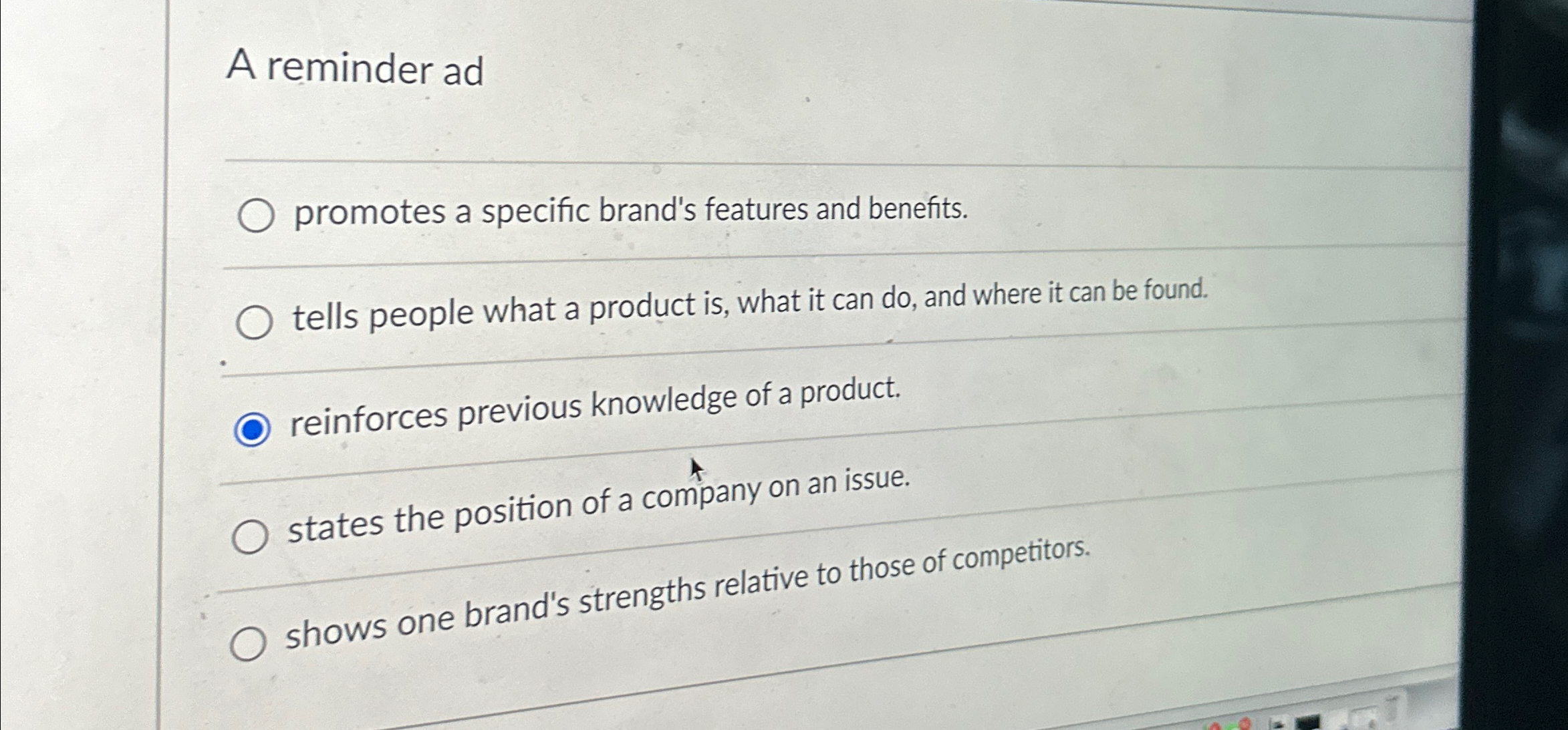  A reminder ad q, promotes a specific brand's features and benefts.
