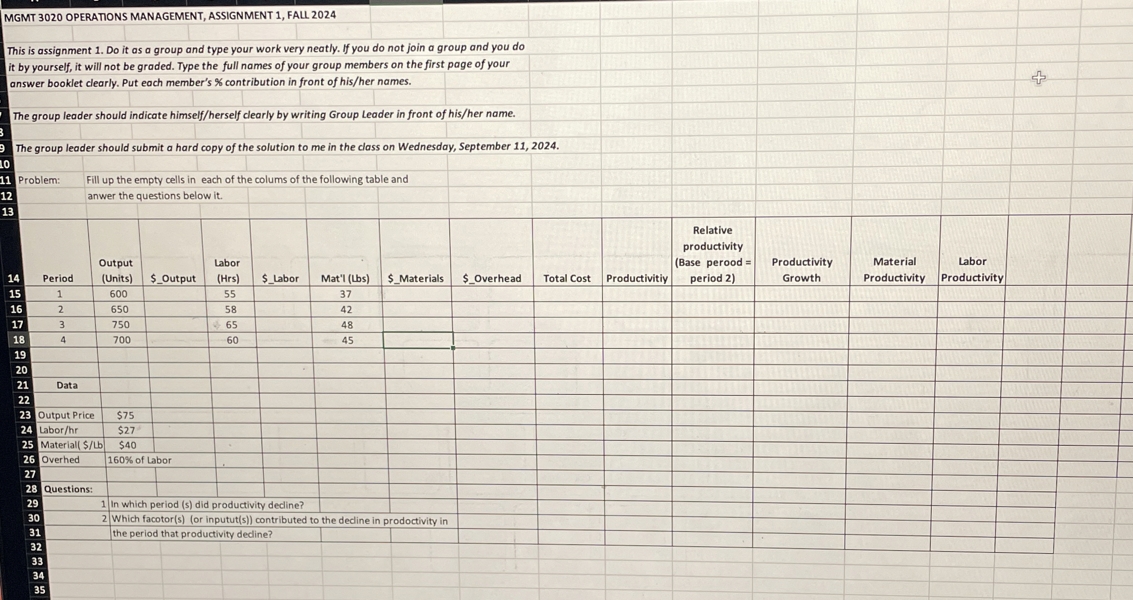  MGMT 3020 OPERATIONS MANAGEMENT, ASSIGNMENT 1, FALL 2024 This is assignment