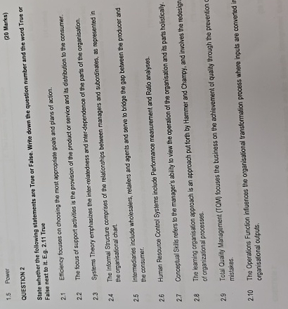  1.5 Power (20 Marks) QUESTION 2 State whether the following statements