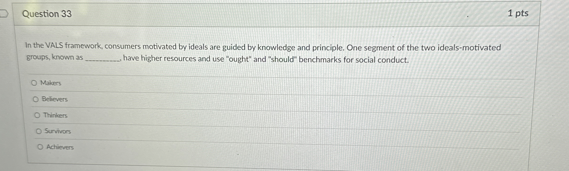  Question 33 1 pts In the VALS framework, consumers motivated by