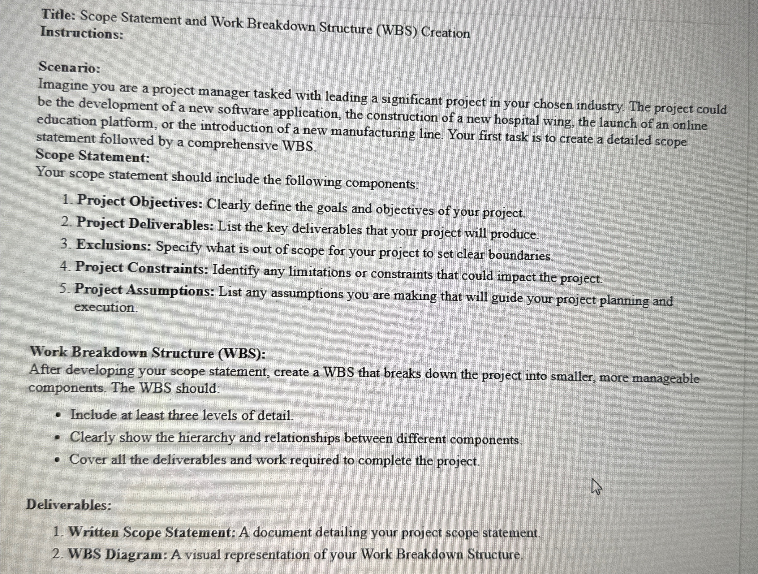  Title: Scope Statement and Work Breakdown Structure (WBS) Creation Instructions: Scenario: