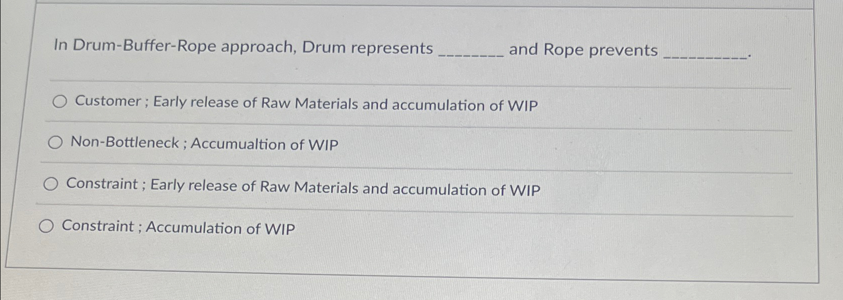  In Drum-Buffer-Rope approach, Drum represents and Rope prevents q, Customer; Early