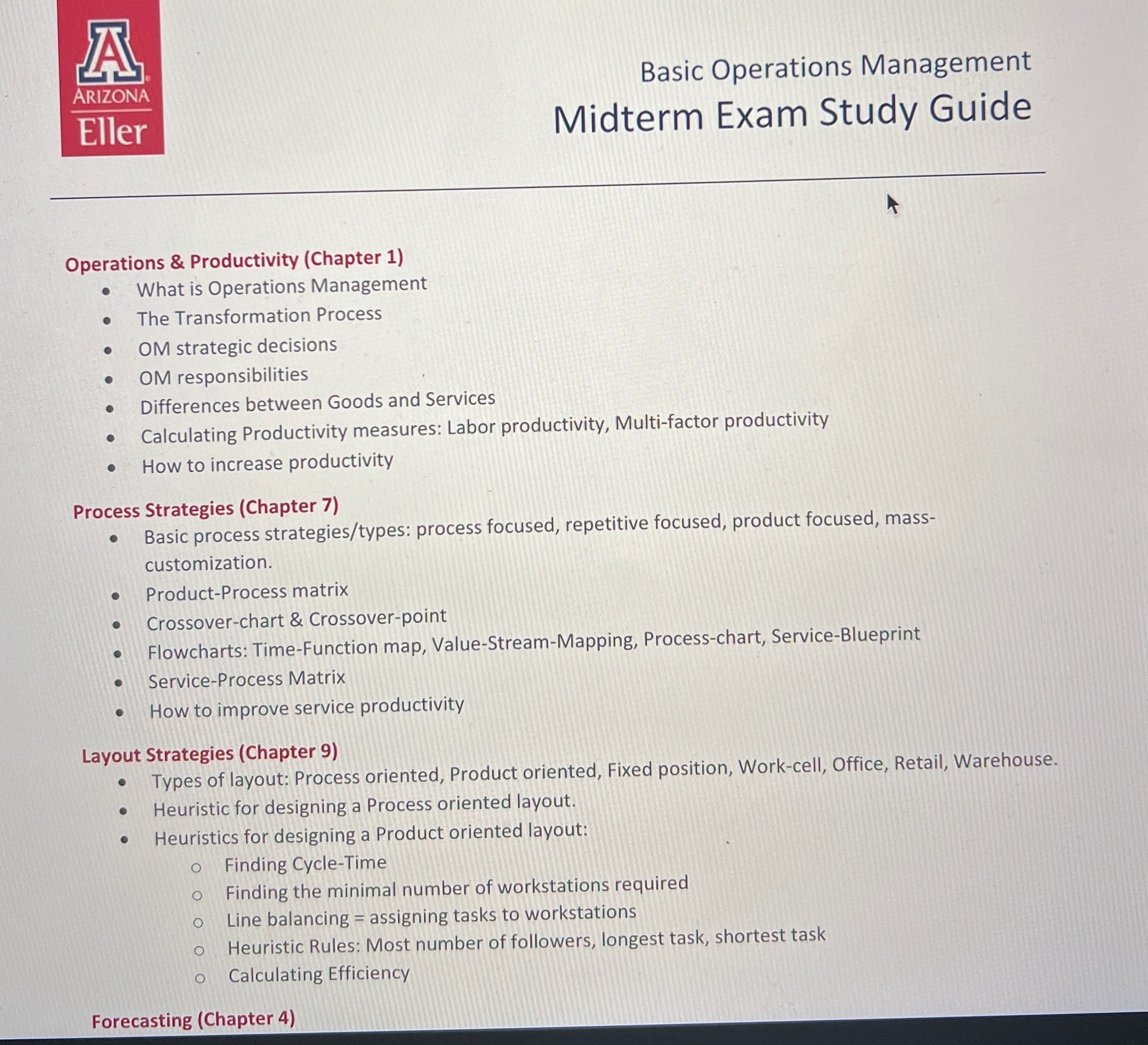  Basic Operations Management ARIZONA Eller Midterm Exam Study Guide Operations &