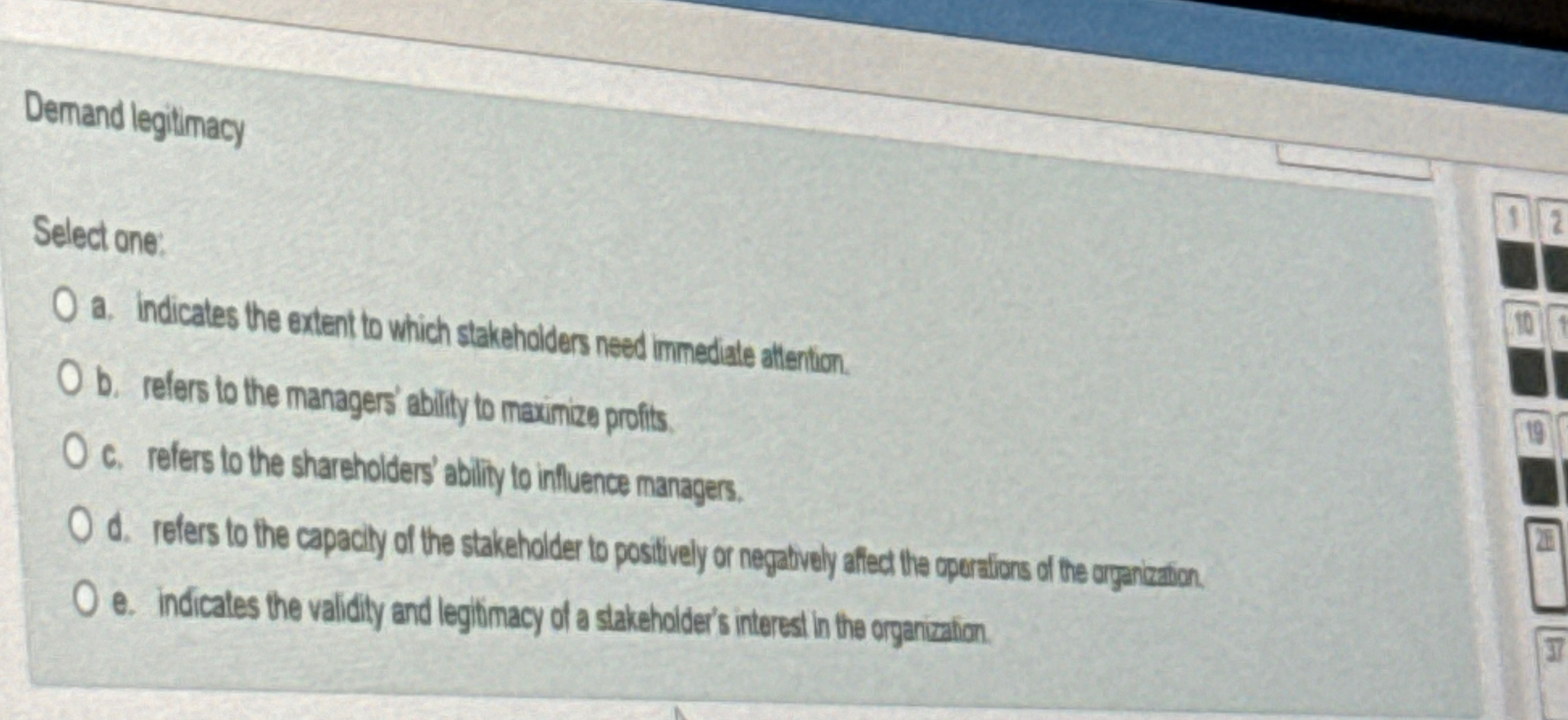 Demand legitmacy Select one: a. indicates the exten to which stakehalders