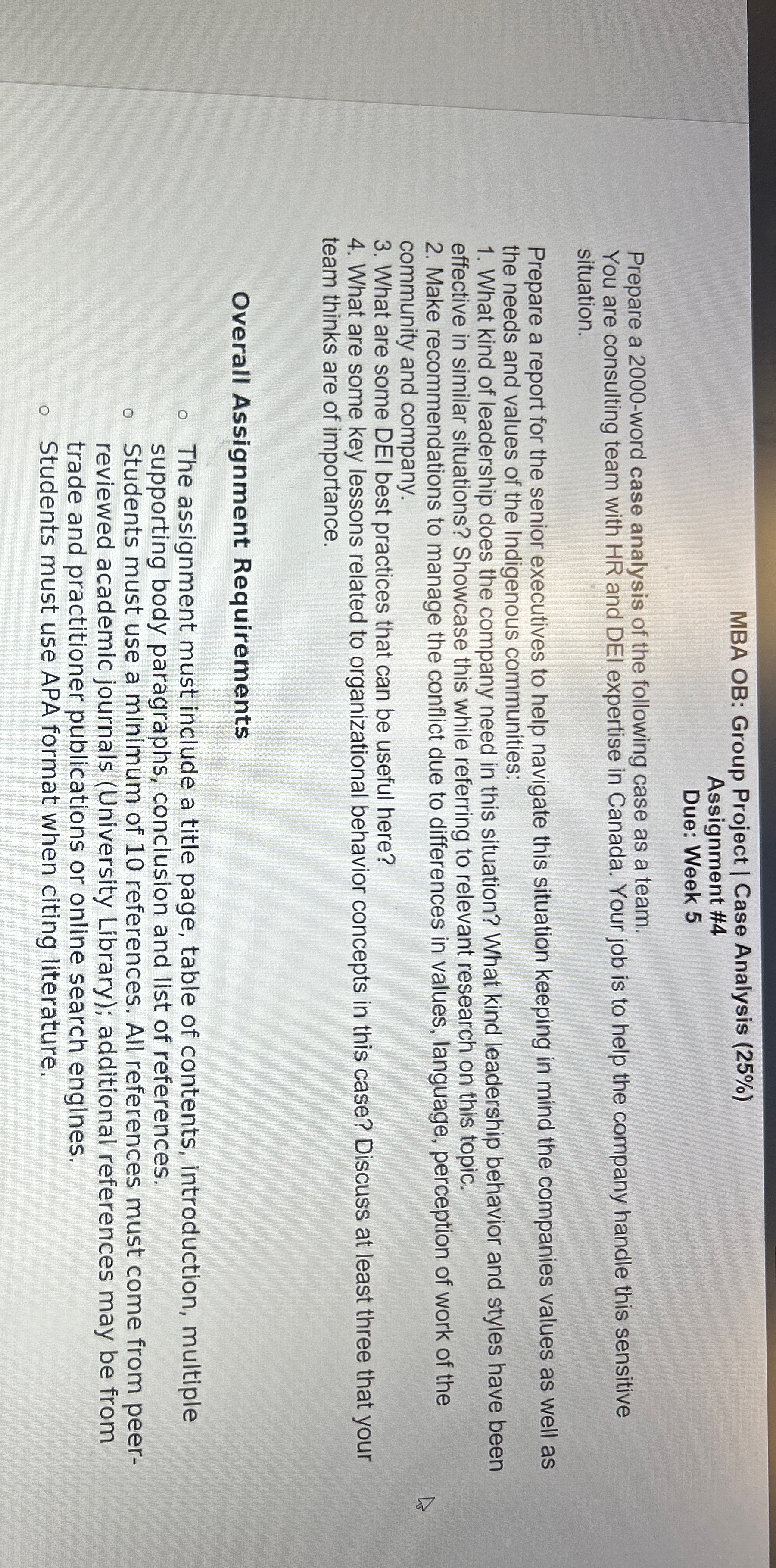  MBA OB: Group Project | Case Analysis (25%) Assignment #4 Due: