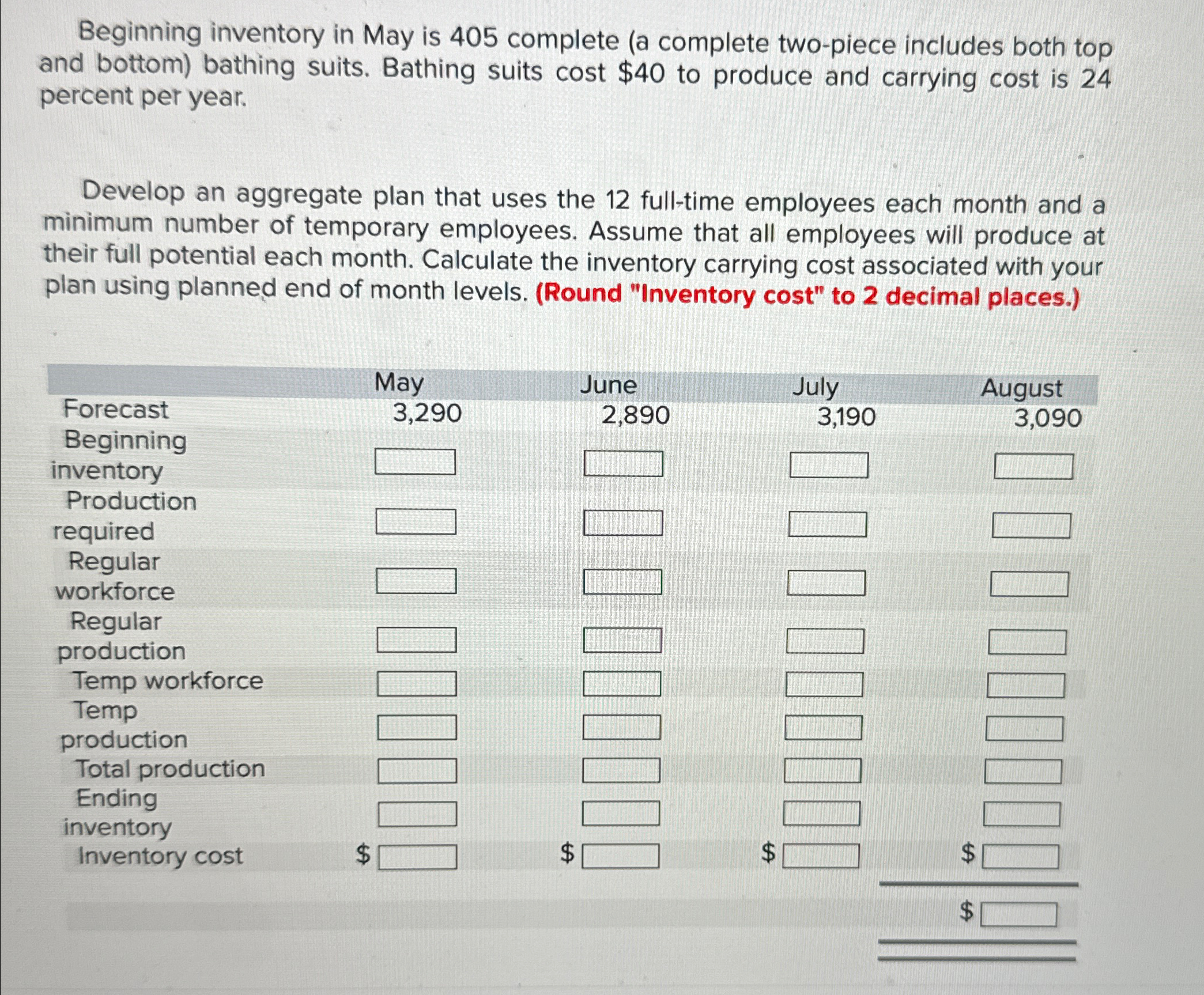  Beginning inventory in May is 405 complete (a complete two-piece includes