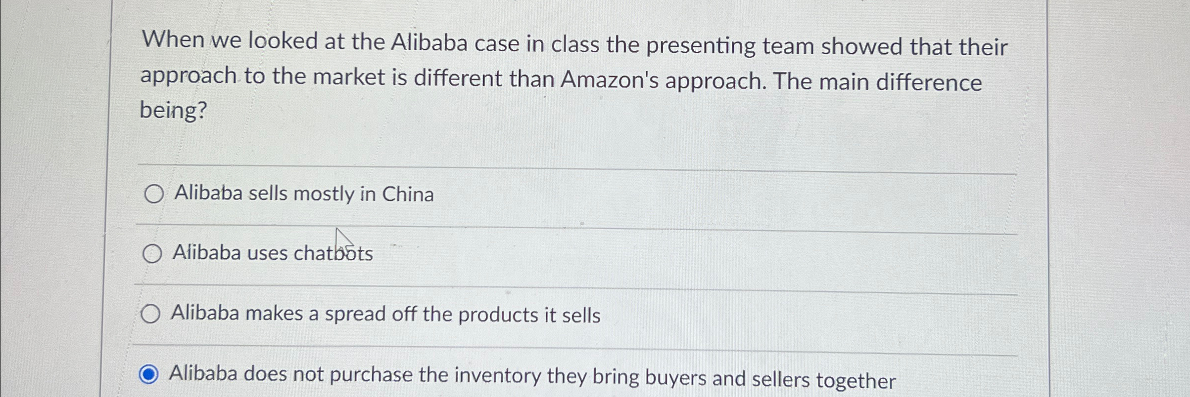  When we looked at the Alibaba case in class the presenting