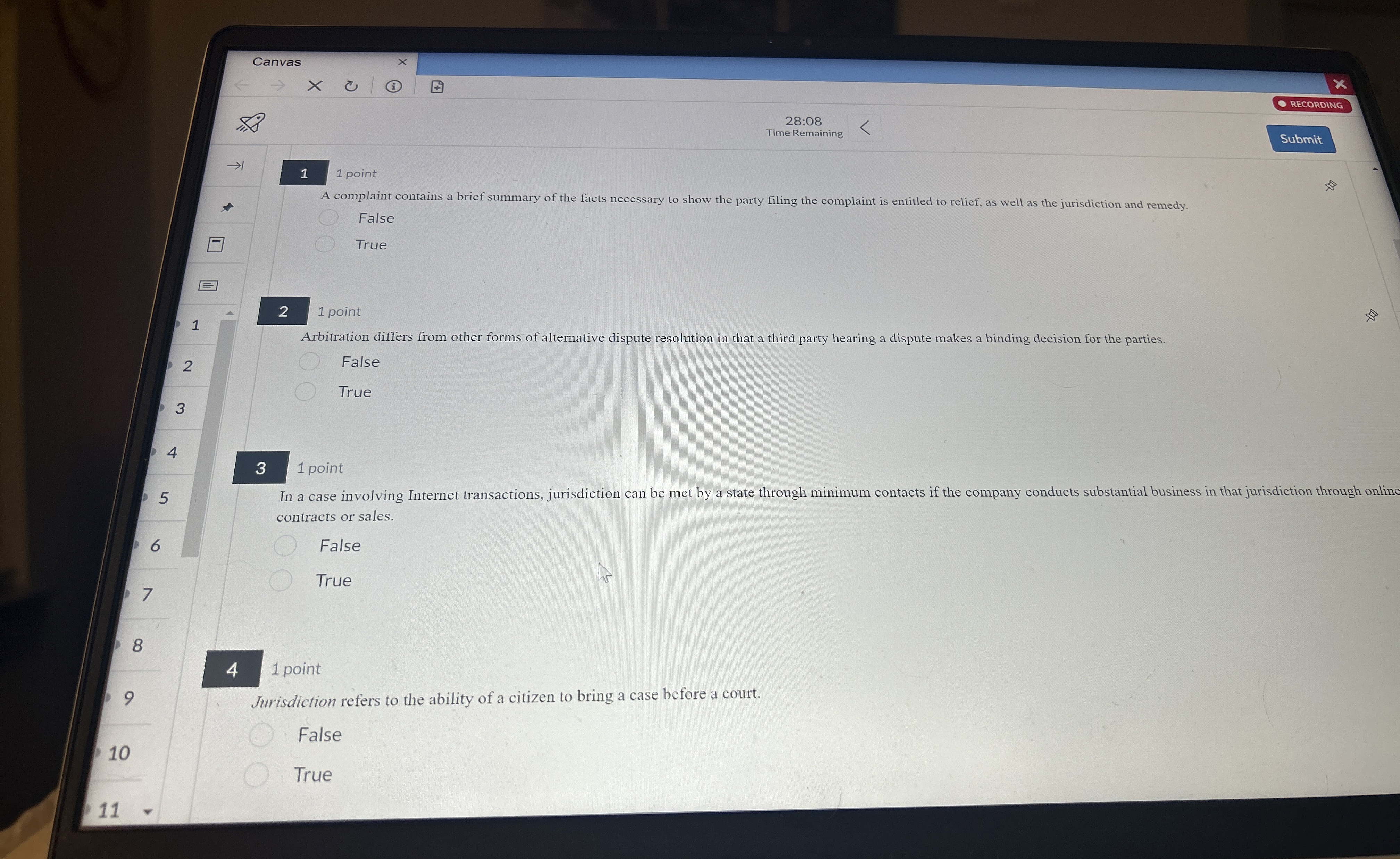  Canvas 28:08 RECORDING Time Remaining 11 point A complaint contains a