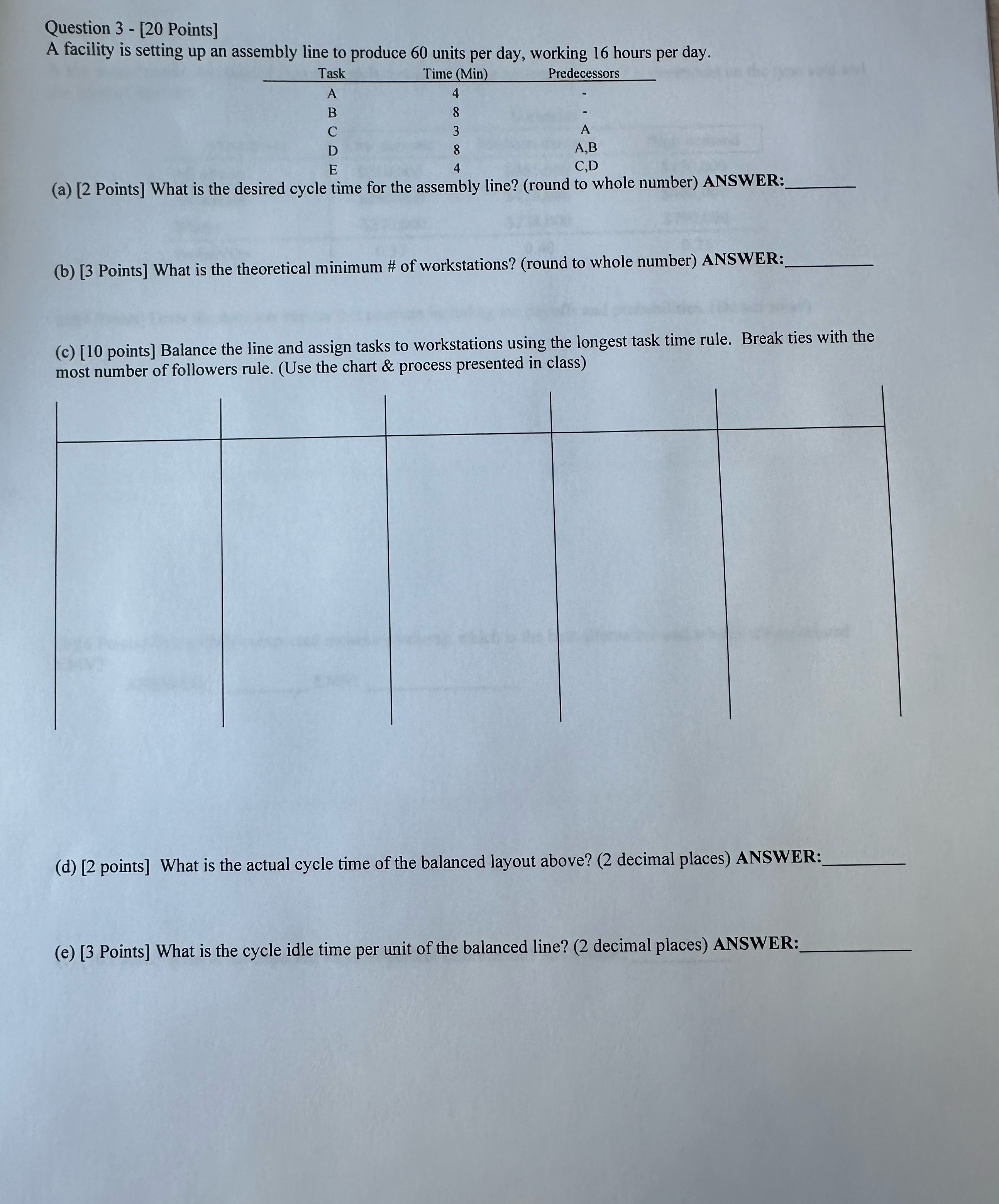  Question 3-[20 Points] A facility is setting up an assembly line