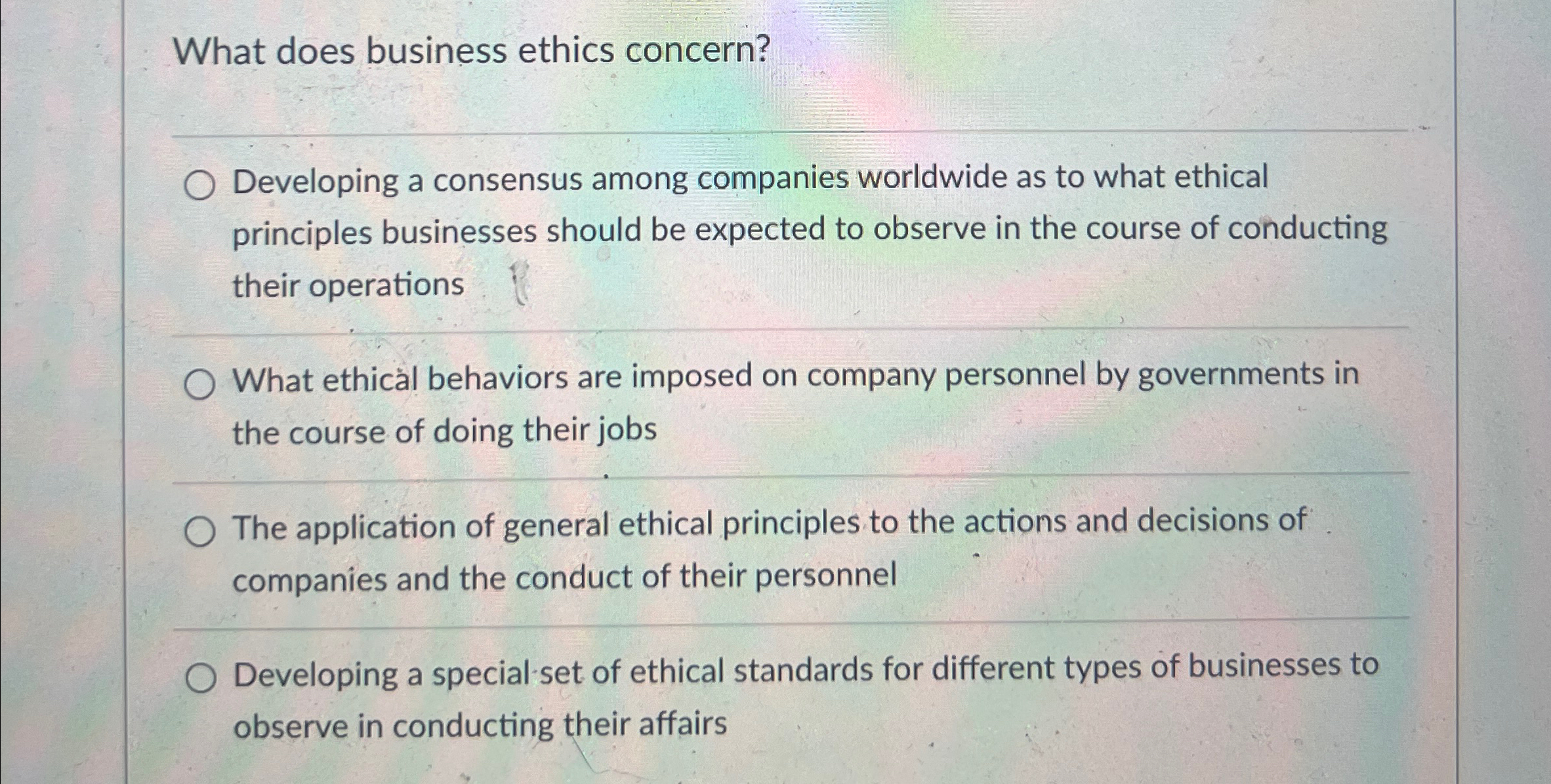  What does business ethics concern? q, Developing a consensus among companies