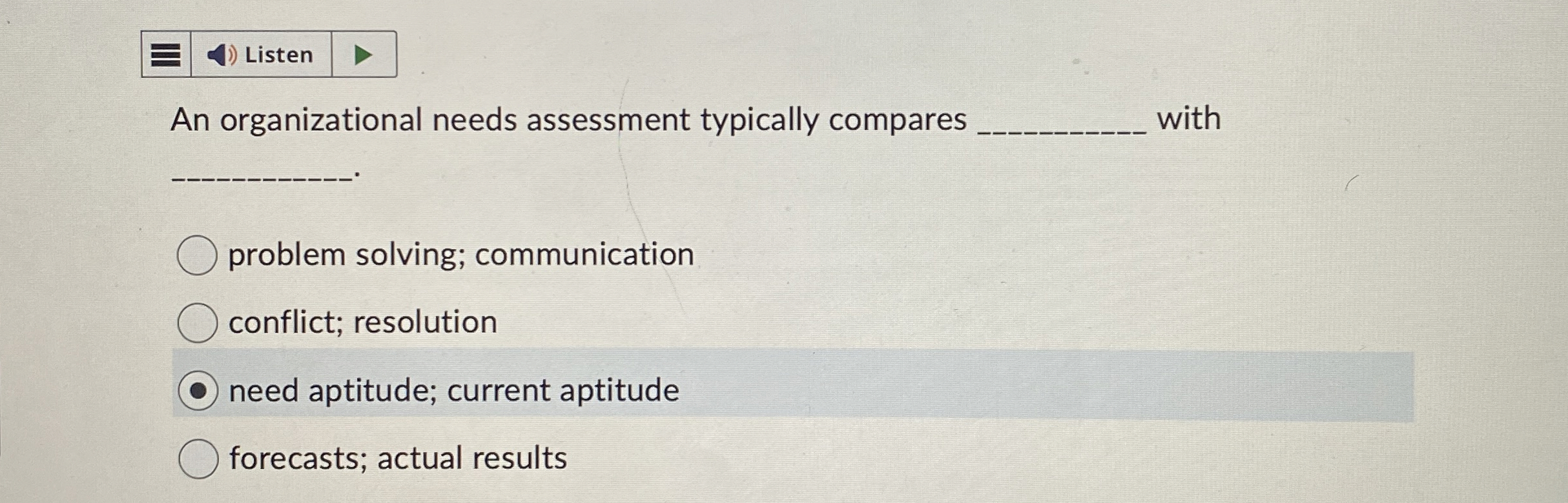  An organizational needs assessment typically compares with problem solving; communication conflict;