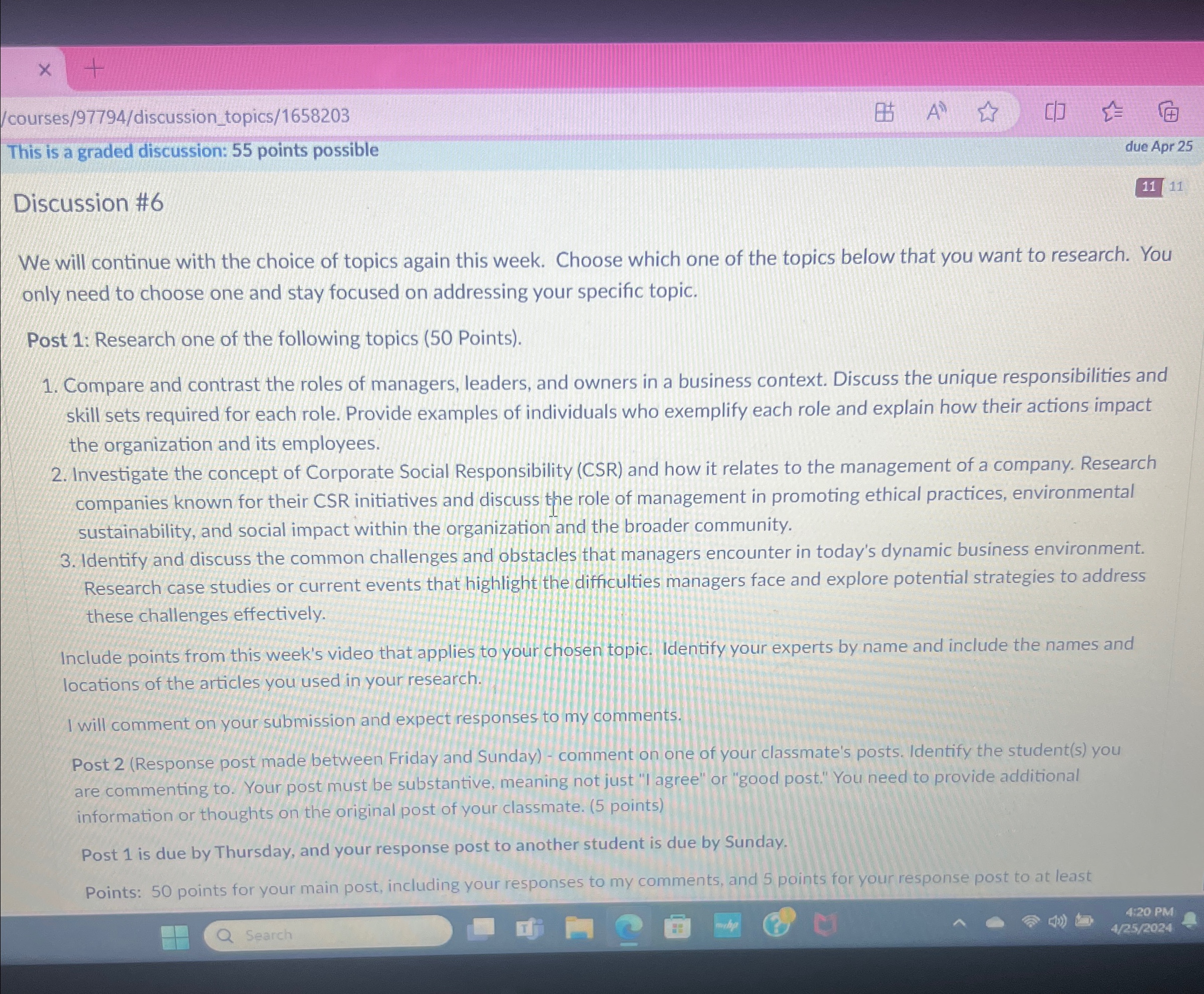  /courses/97794/discussion_topics/1658203 This is a graded discussion: 55 points possible Discussion #6