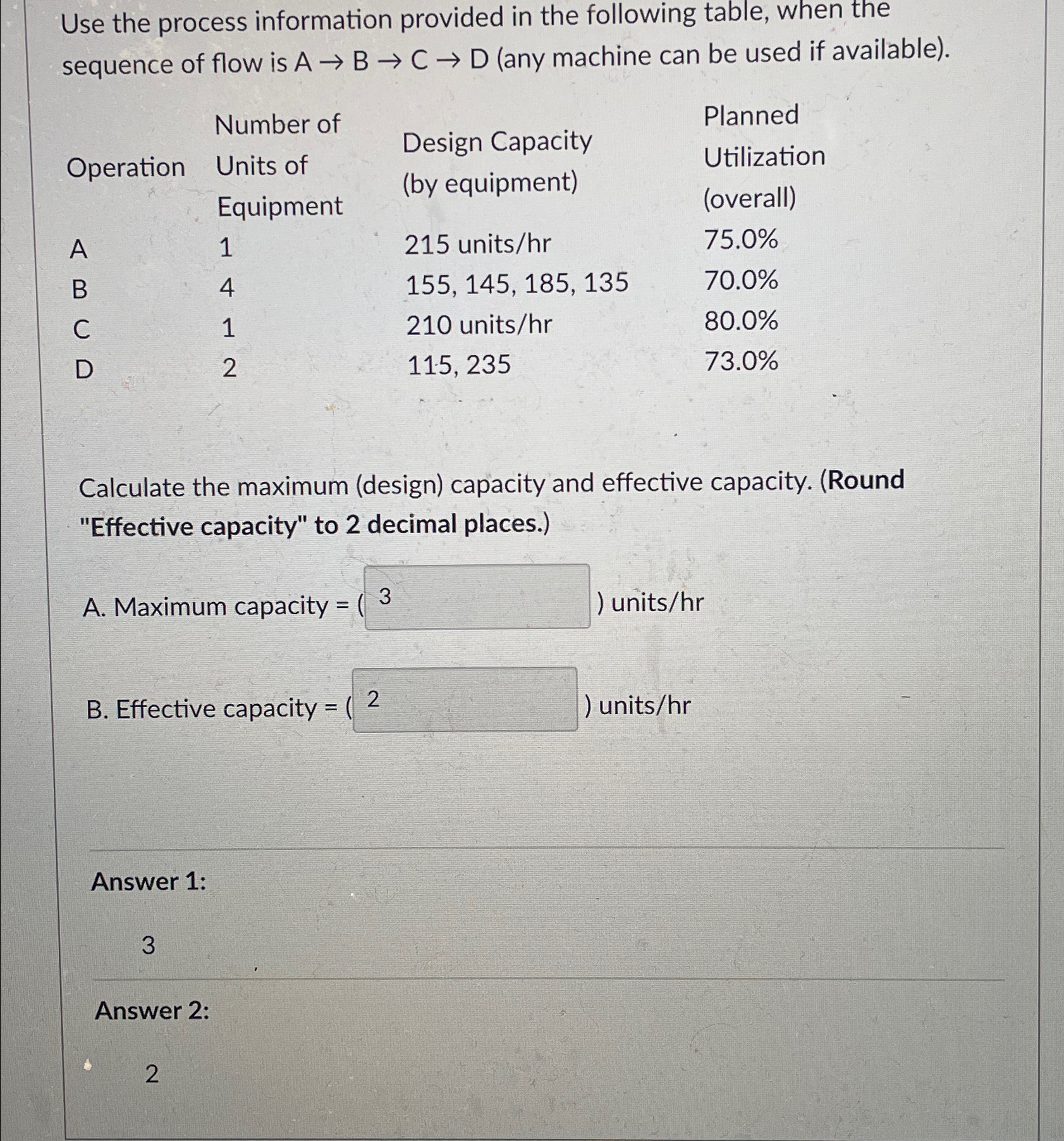  Use the process information provided in the following table, when the