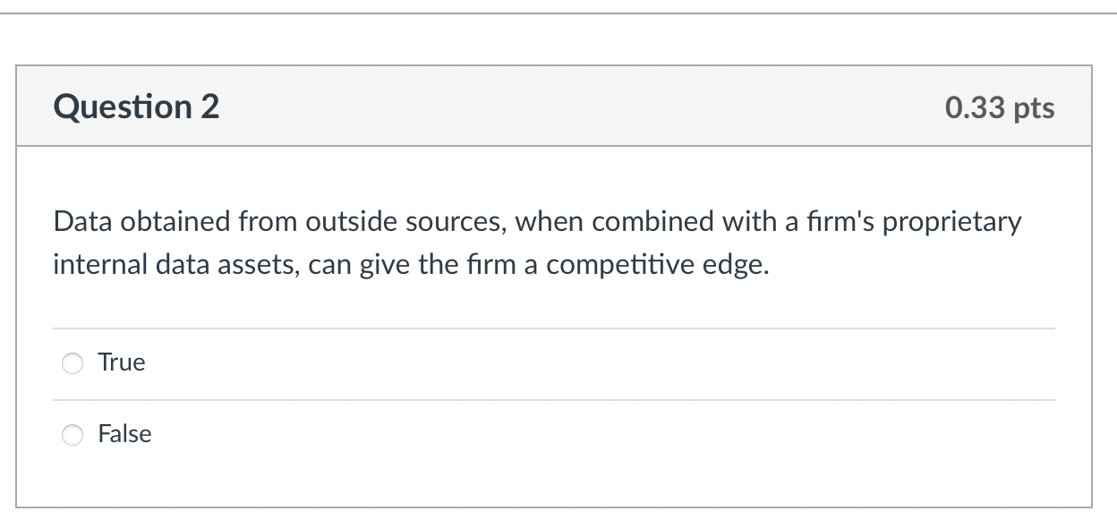  Question 2 Data obtained from outside sources, when combined with a