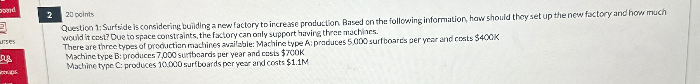  220 points Question 1: Surfside is considering building a new factory