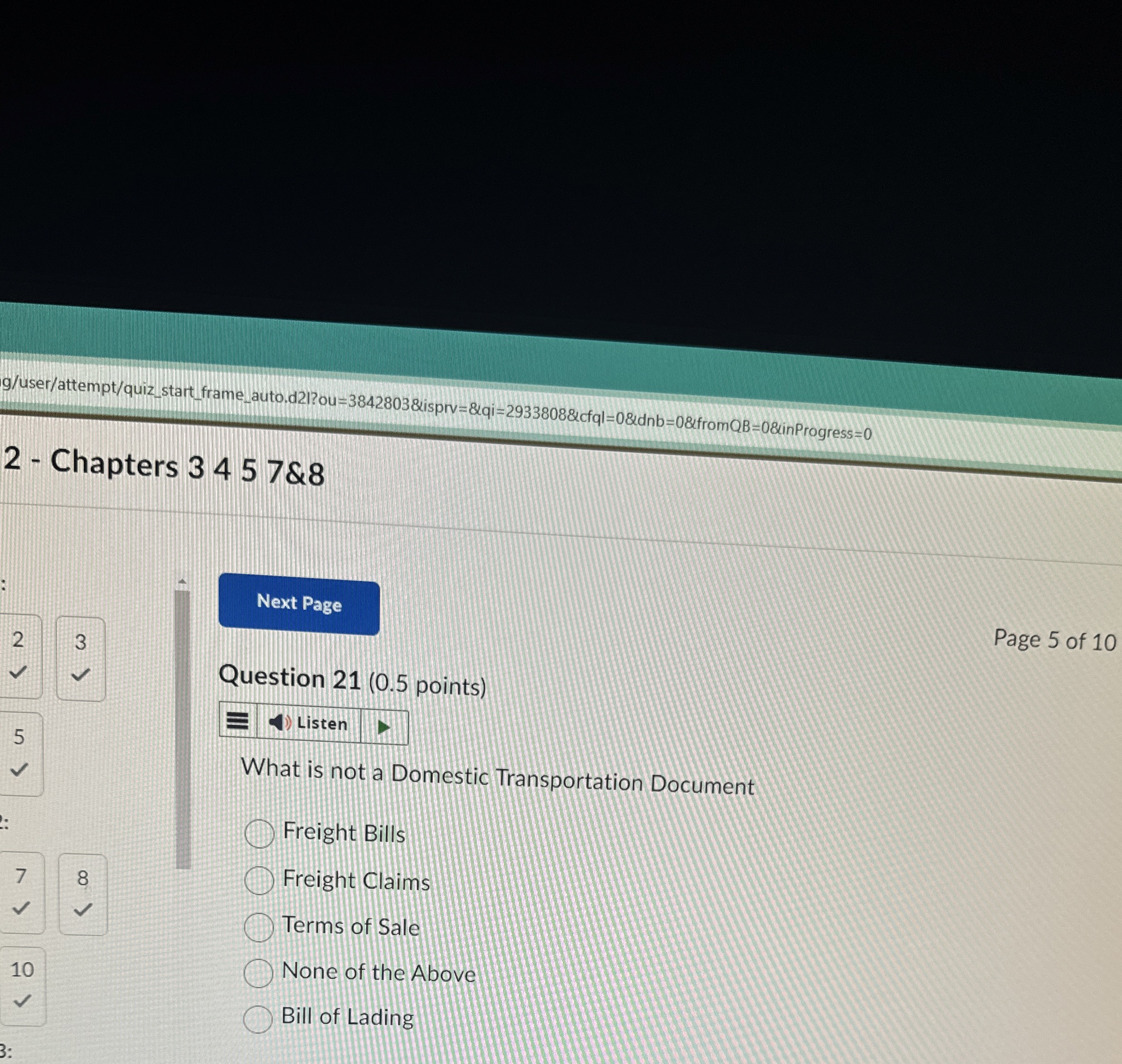  Question 21(0.5 points) Listen What is not a Domestic Transportation Document