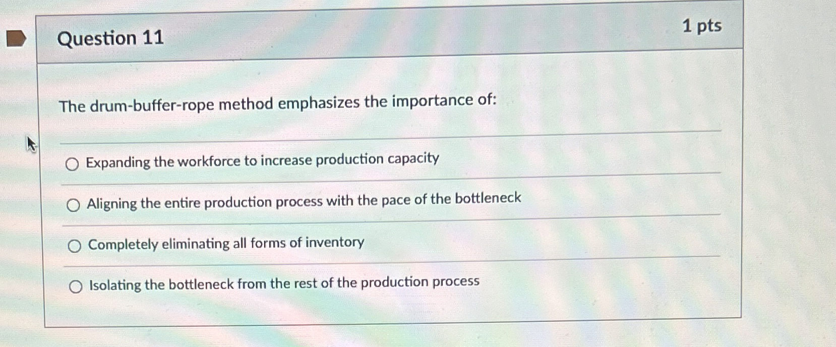 Question 11 1 pts The drum-buffer-rope method emphasizes the importance of: