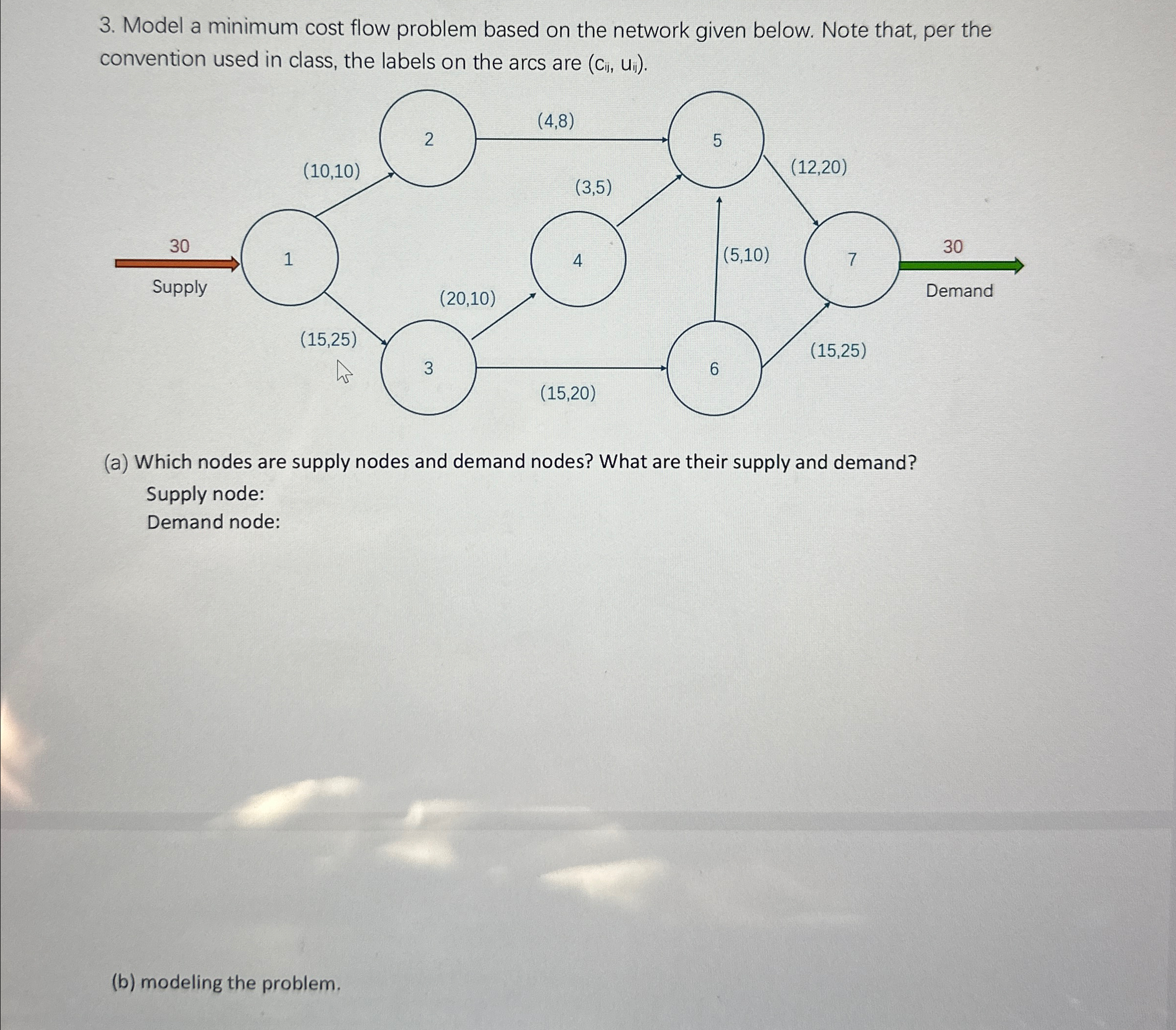  Model a minimum cost flow problem based on the network given