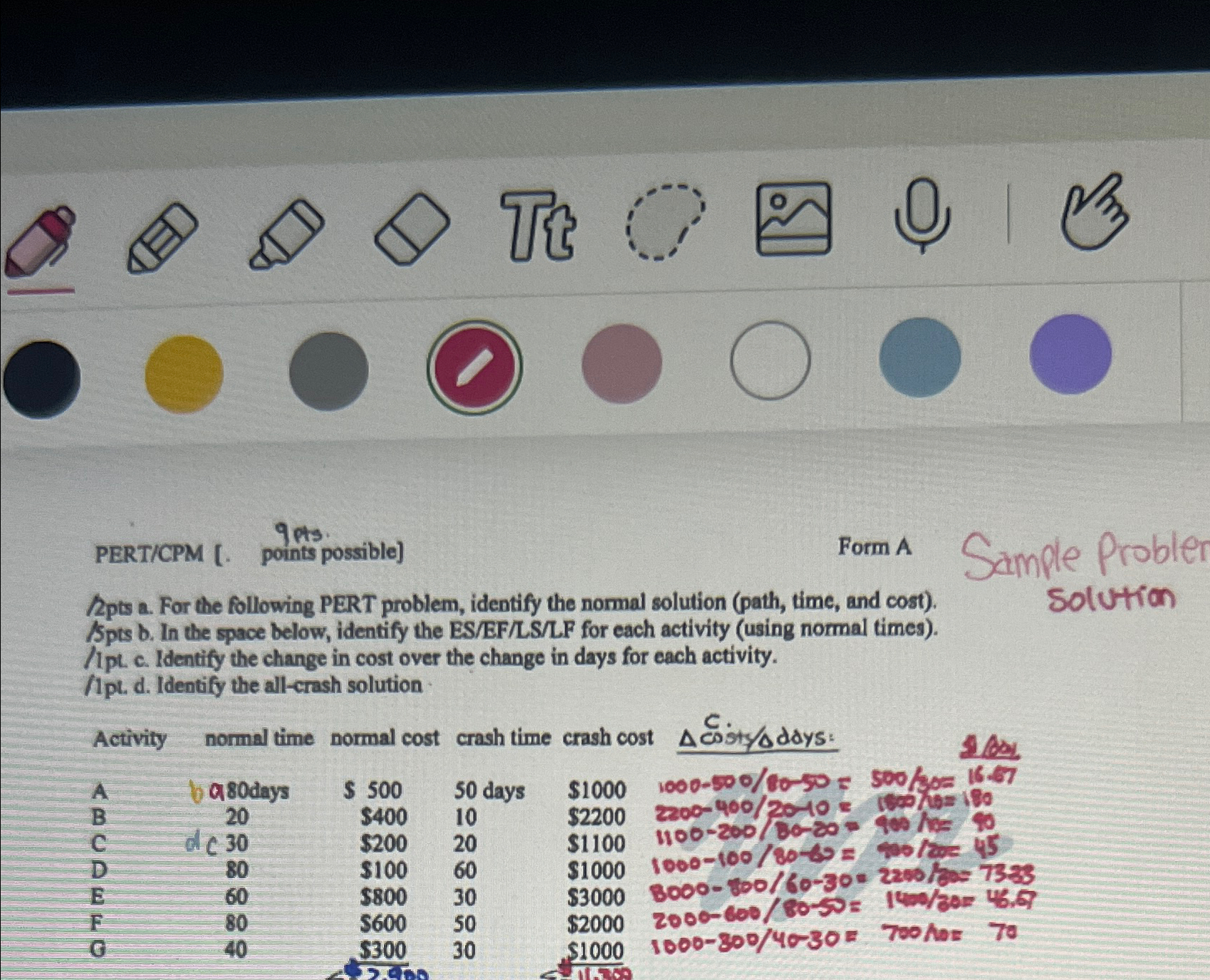  9pts. PERT/CPM [. points possible] Form A Sample Problen 2pts a.