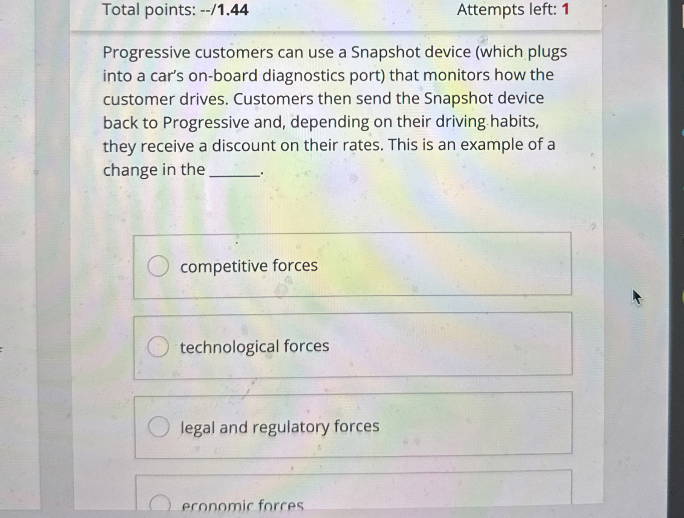  Total points: --/1.44 Attempts left: 1 Progressive customers can use a