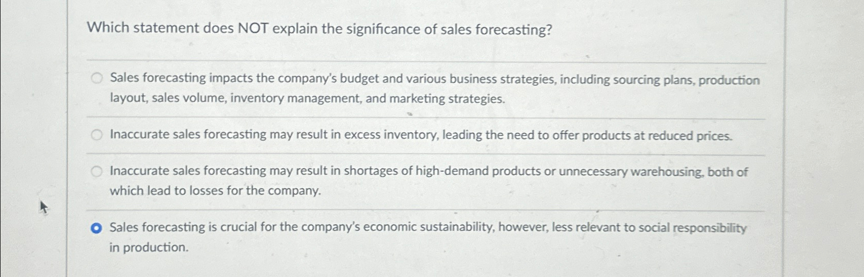  Which statement does NOT explain the significance of sales forecasting? Sales