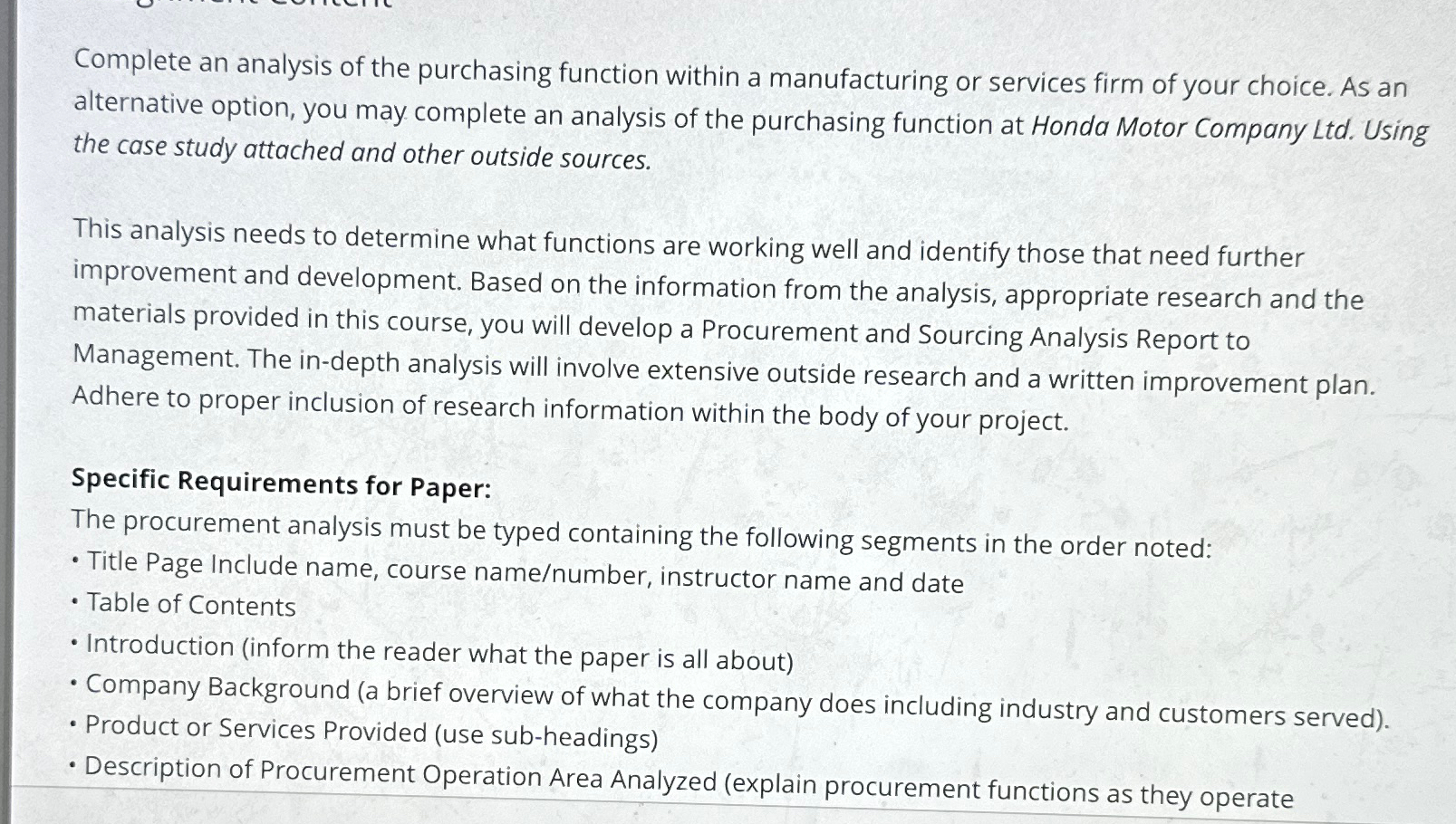  Complete an analysis of the purchasing function within a manufacturing or