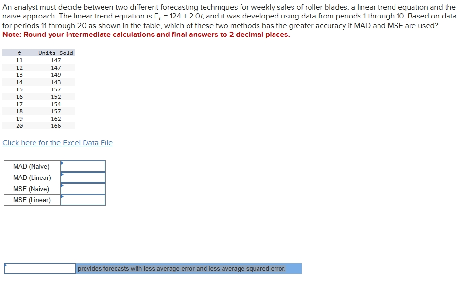  An analyst must decide between two different forecasting techniques for weekly
