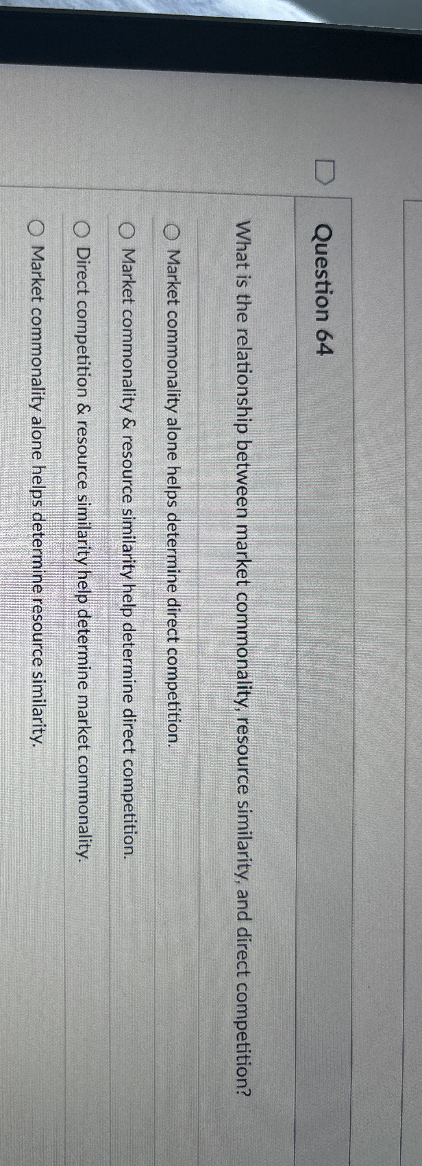  Question 64 What is the relationship between market commonality, resource similarity,