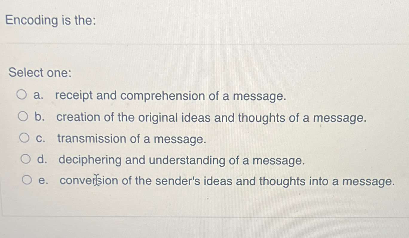  Encoding is the: Select one: a. receipt and comprehension of a