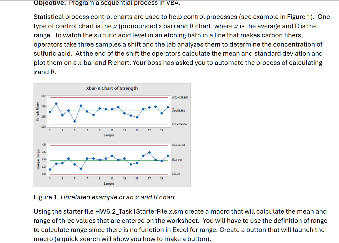  Objective: Program a sequential process in VBA. Statistical process control charts