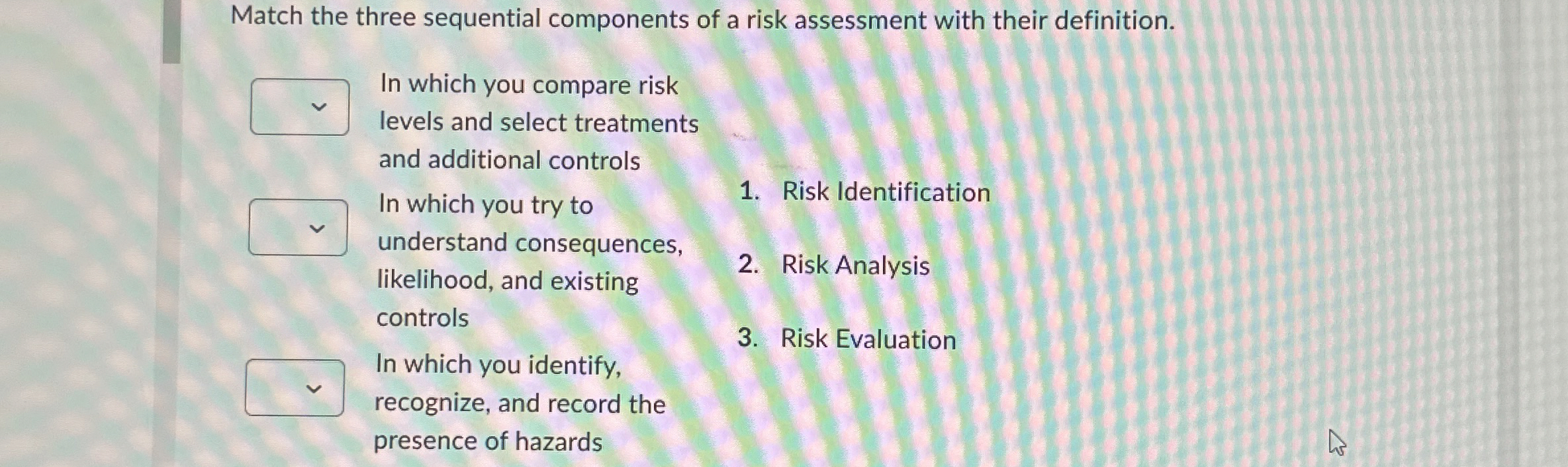  Match the three sequential components of a risk assessment with their