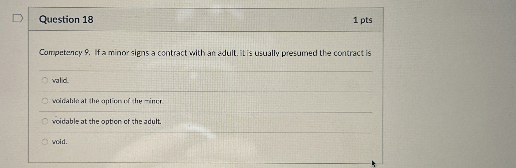  Question 18 1 pts Competency 9. If a minor signs a