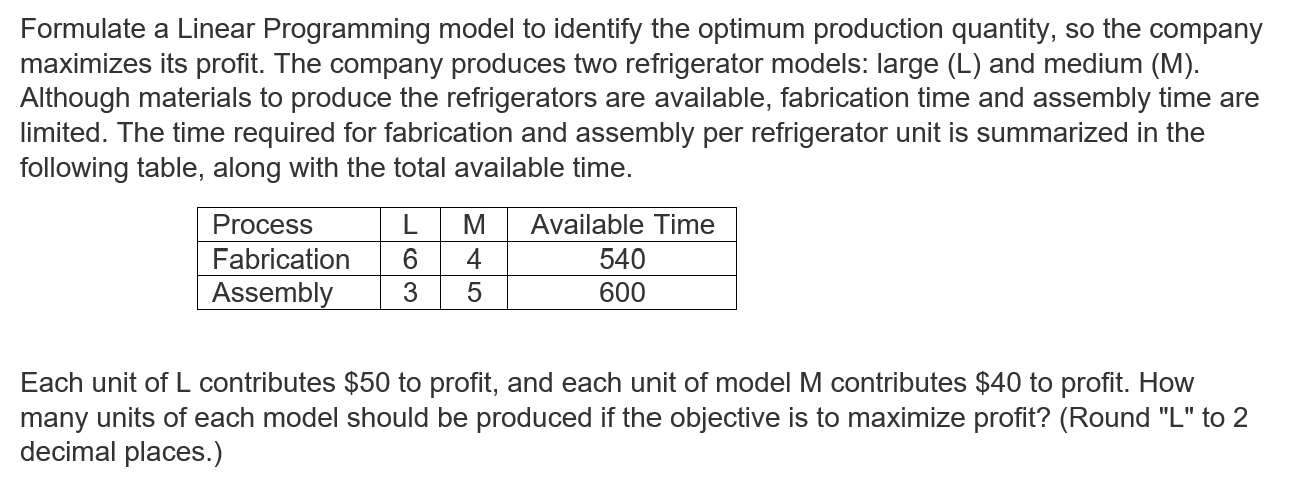  Formulate a Linear Programming model to identify the optimum production quantity,