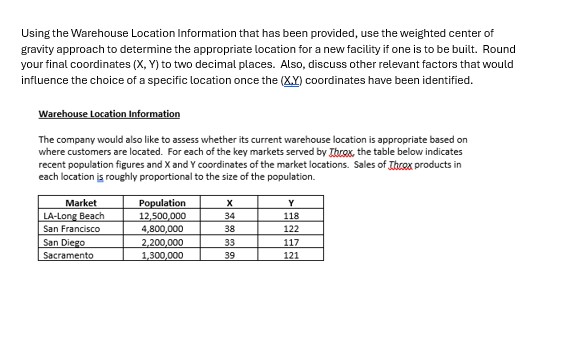  Using the Warehouse Location Information that has been provided, use the