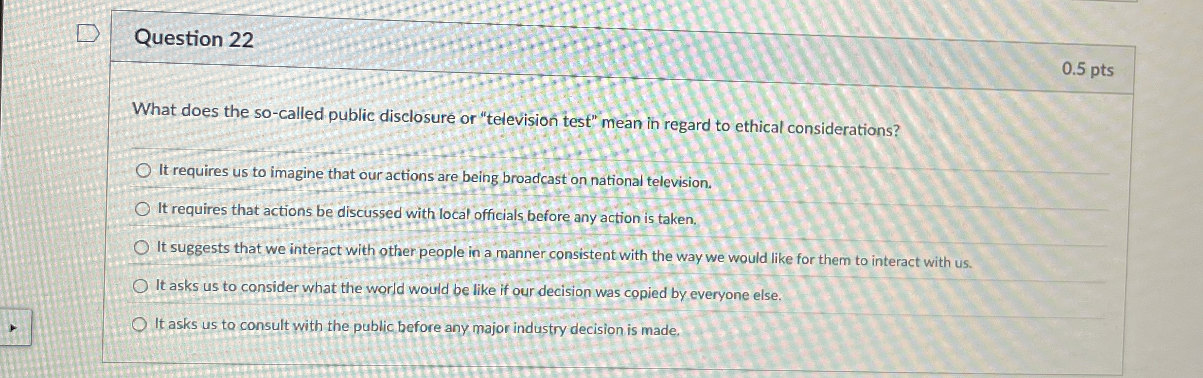  Question 22 What does the so-called public disclosure or "television test"