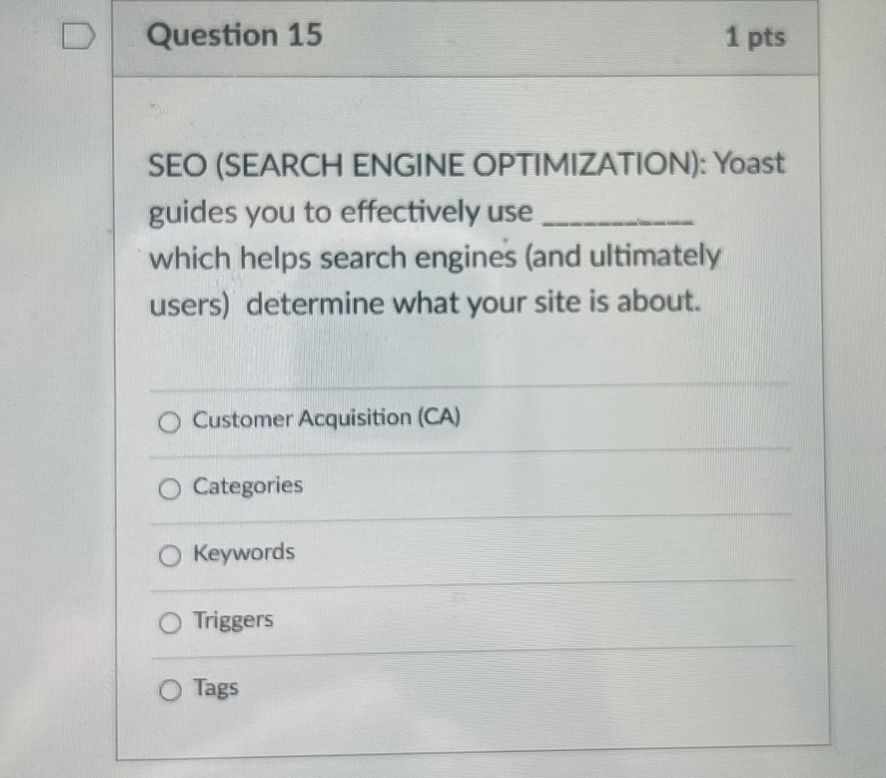  Question 15 1 pts SEO (SEARCH ENGINE OPTIMIZATION): Yoast guides you