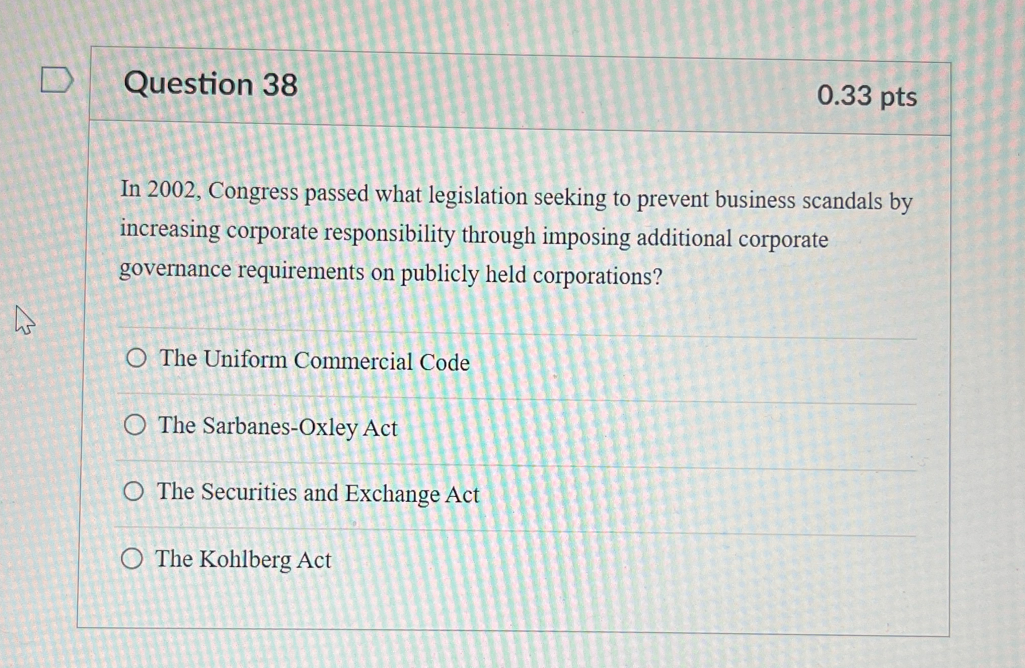  Question 38 0.33 pts In 2002, Congress passed what legislation seeking