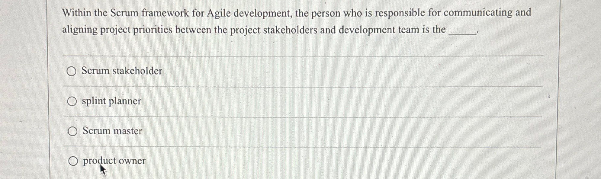 Within the Scrum framework for Agile development, the person who is