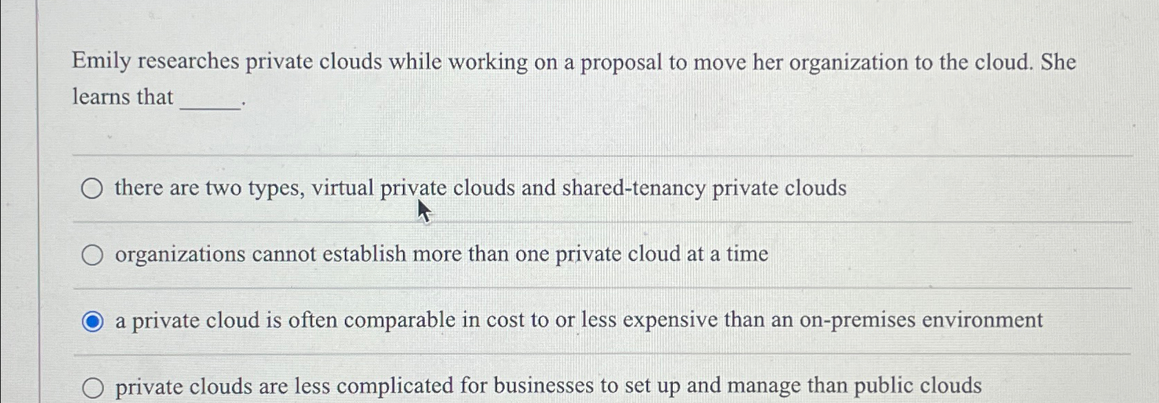  Emily researches private clouds while working on a proposal to move