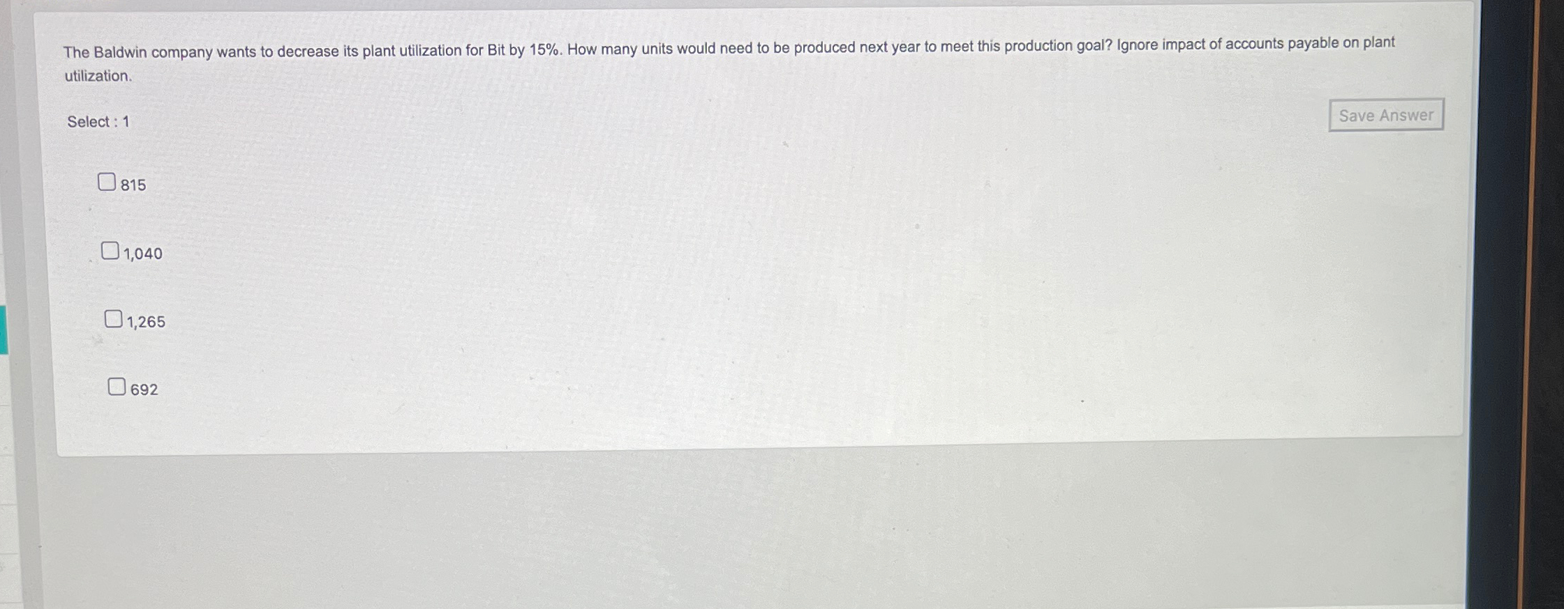  utilization. Select: 1 815 1,040 1,265 692 