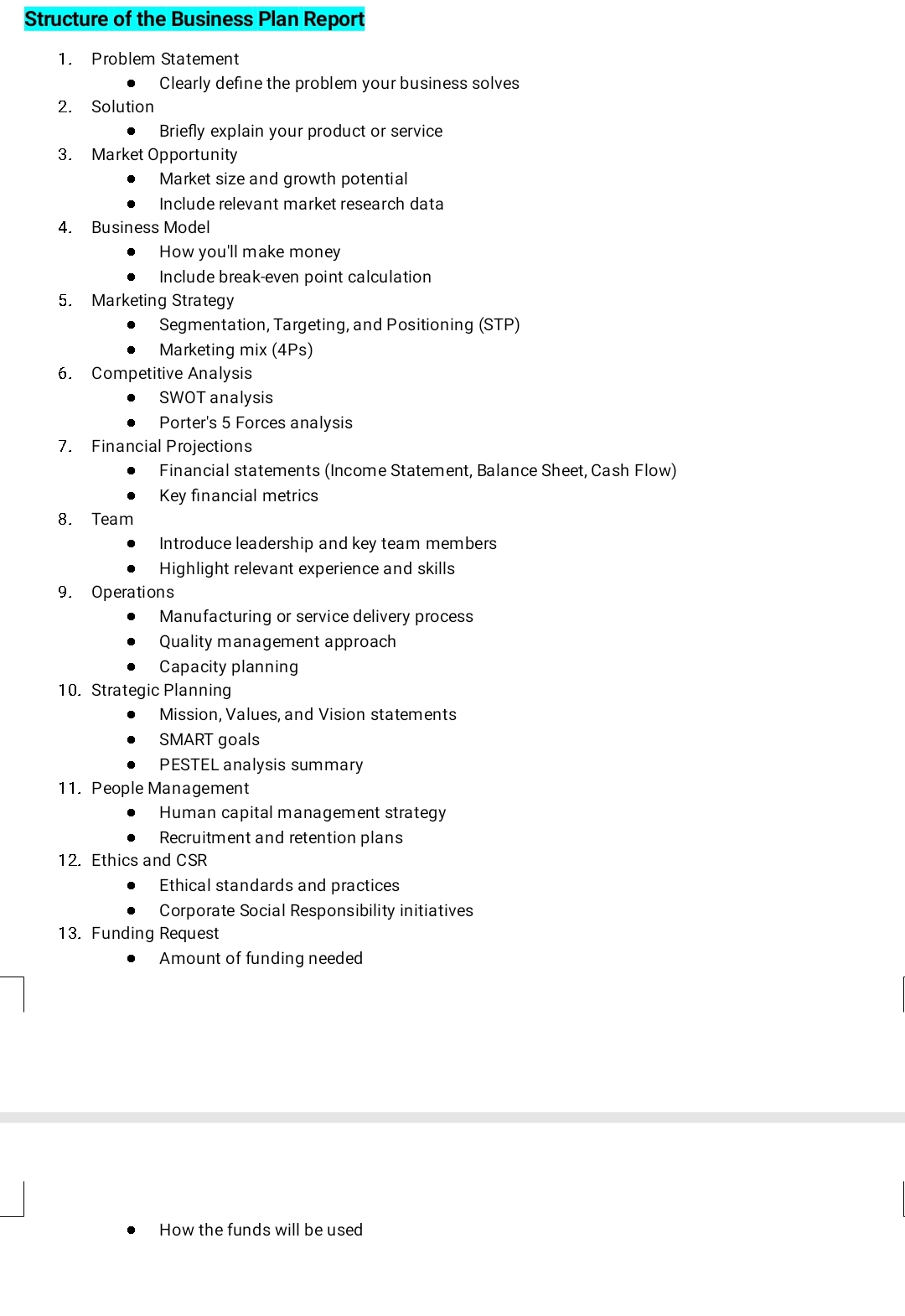  Structure of the Business Plan Report Problem Statement Clearly define the