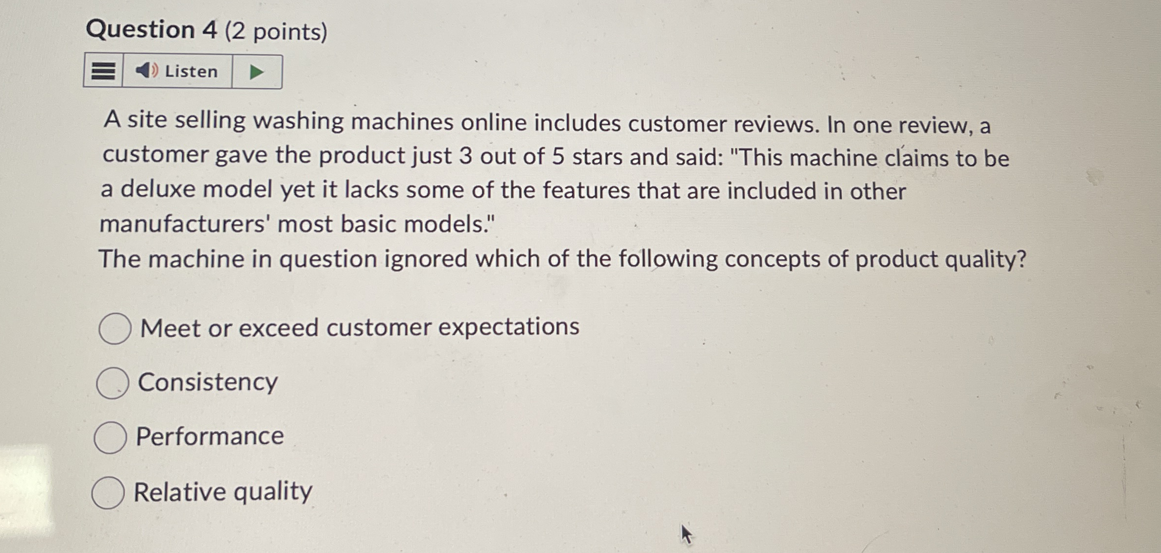  Question 4(2 points) A site selling washing machines online includes customer