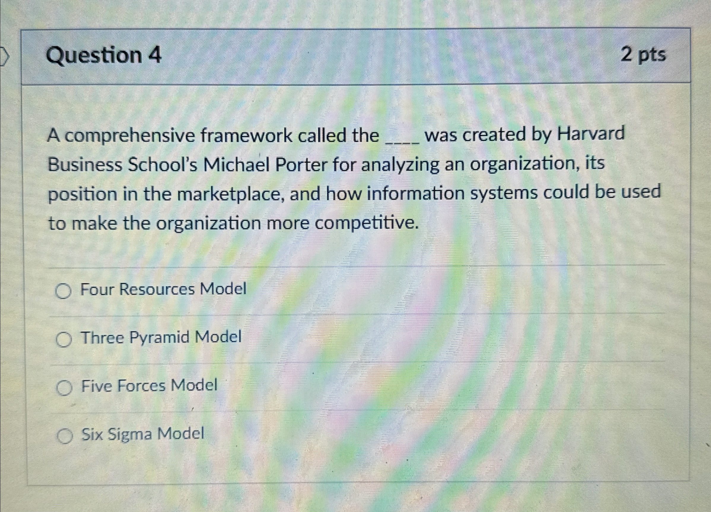  Question 4 2 pts A comprehensive framework called the q, was