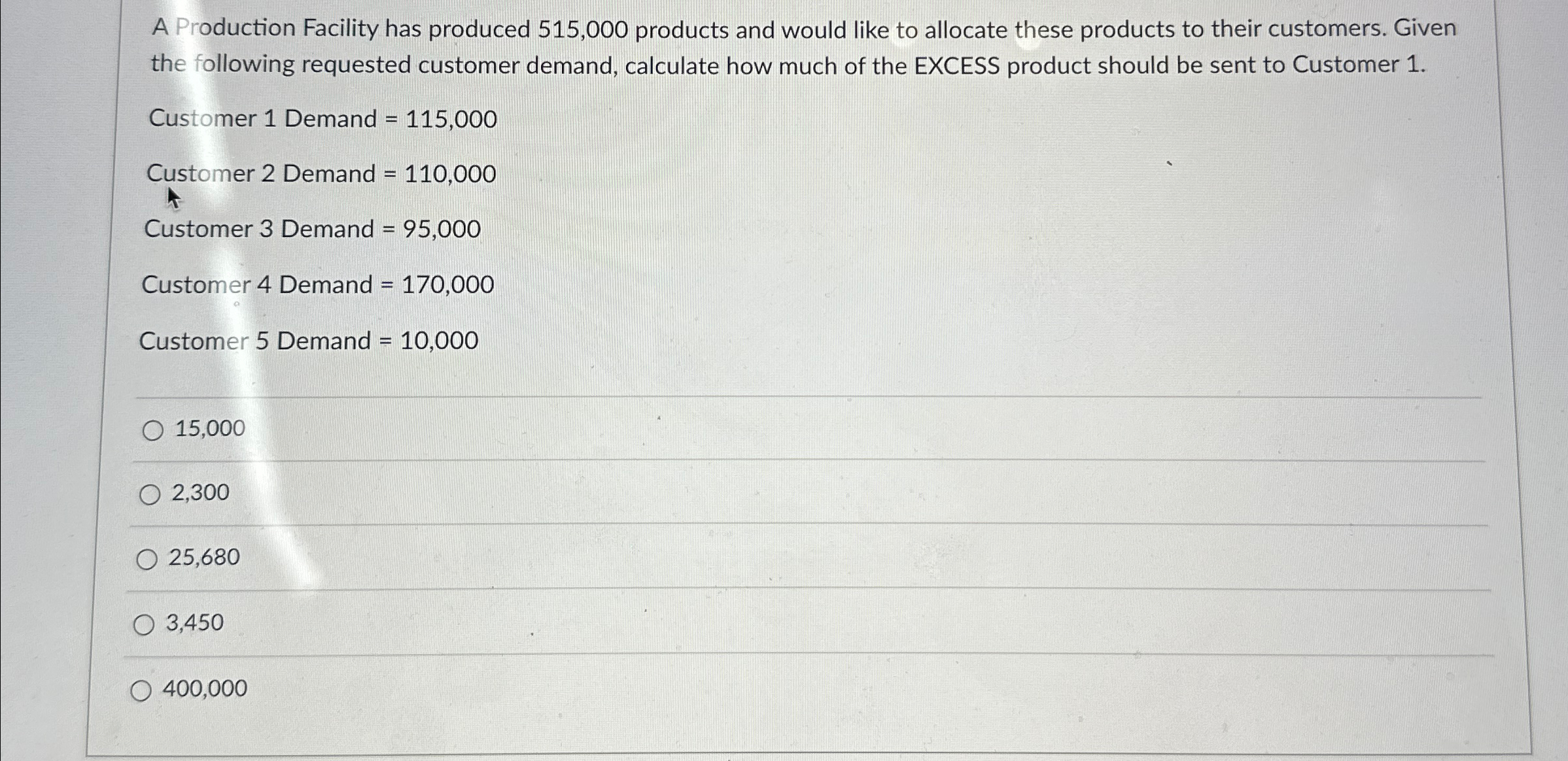  A Production Facility has produced 515,000 products and would like to