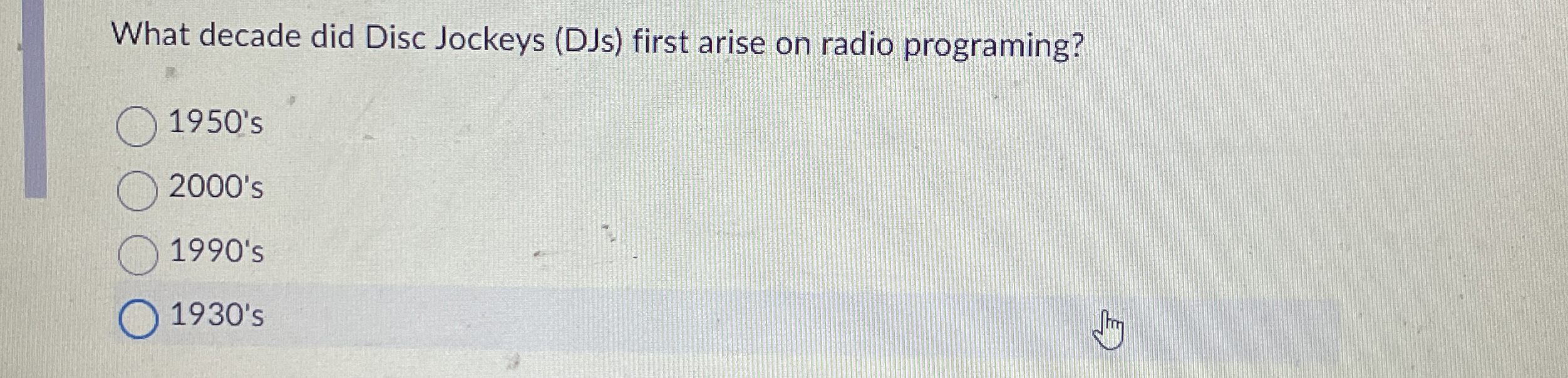  What decade did Disc Jockeys (DJs) first arise on radio programing?